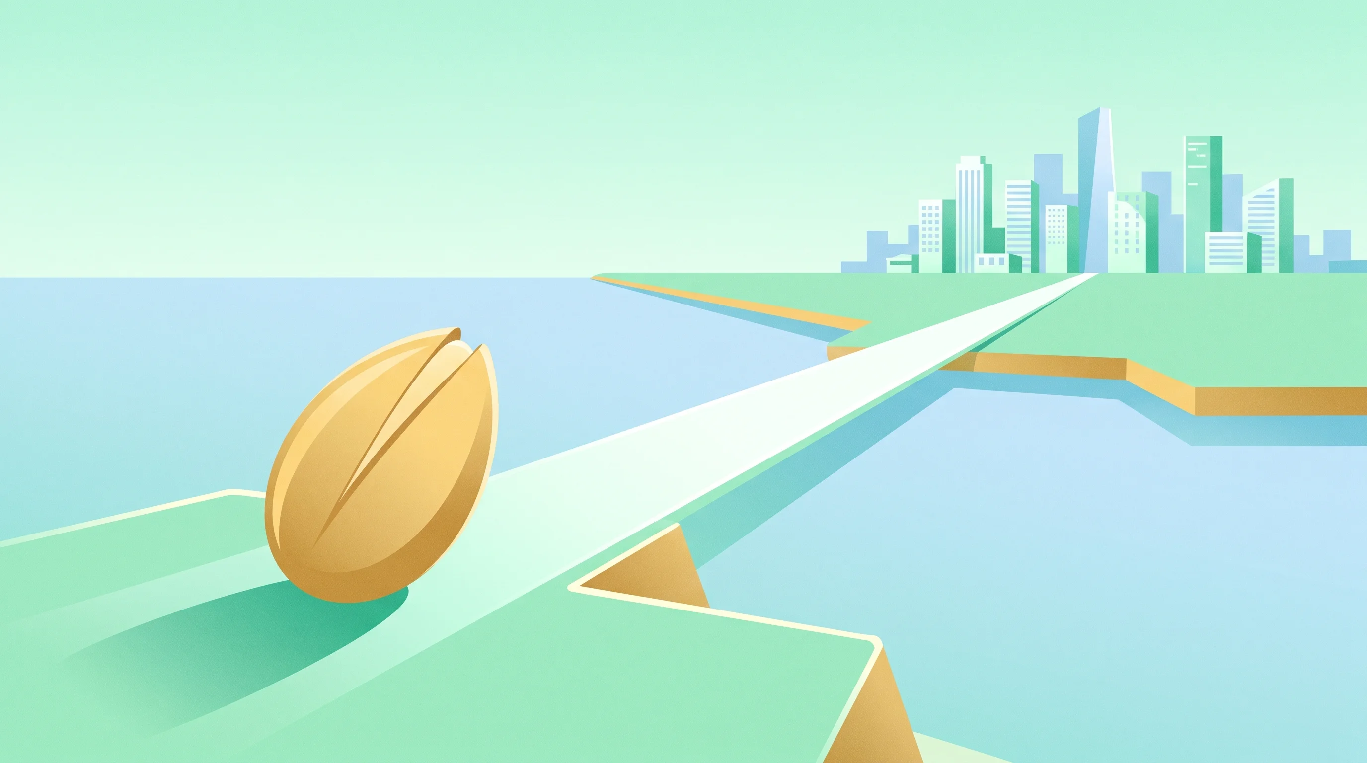 Digital illustration for article section "What Comes Next" in "Compri Raises €3.2M to Build AI Workforce for Procurement Teams" - A clean, minimalistic conceptual illustration of a stylized, oversized golden seed resting on a geom...