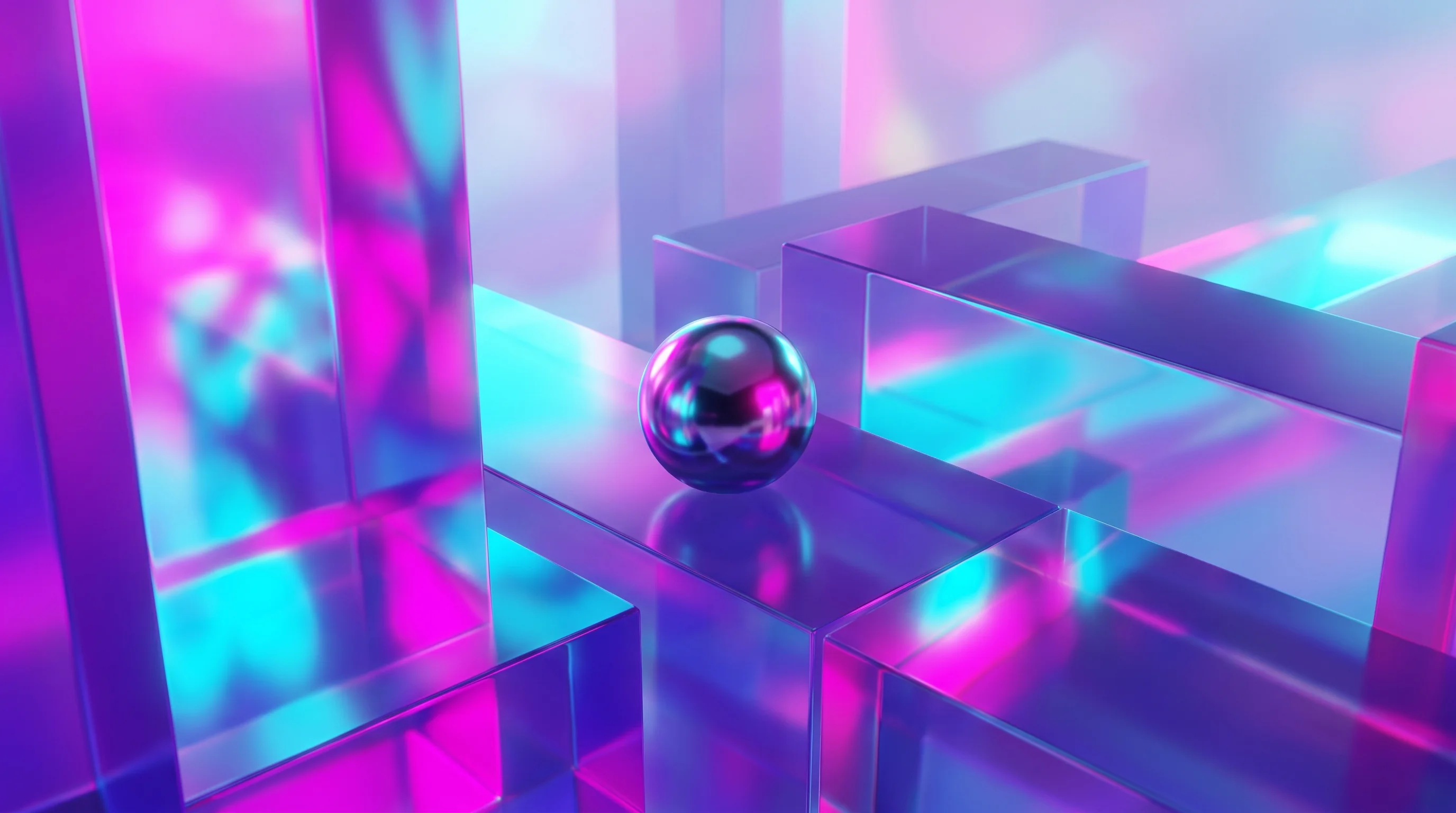 Digital illustration for article section "A Crowded, Complicated Market" in "Dawnguard Launches Cloud Security Design Platform with $6.3M Funding" - A single, sleek metallic sphere navigating a minimalist yet complex arrangement of overlapping, semi...