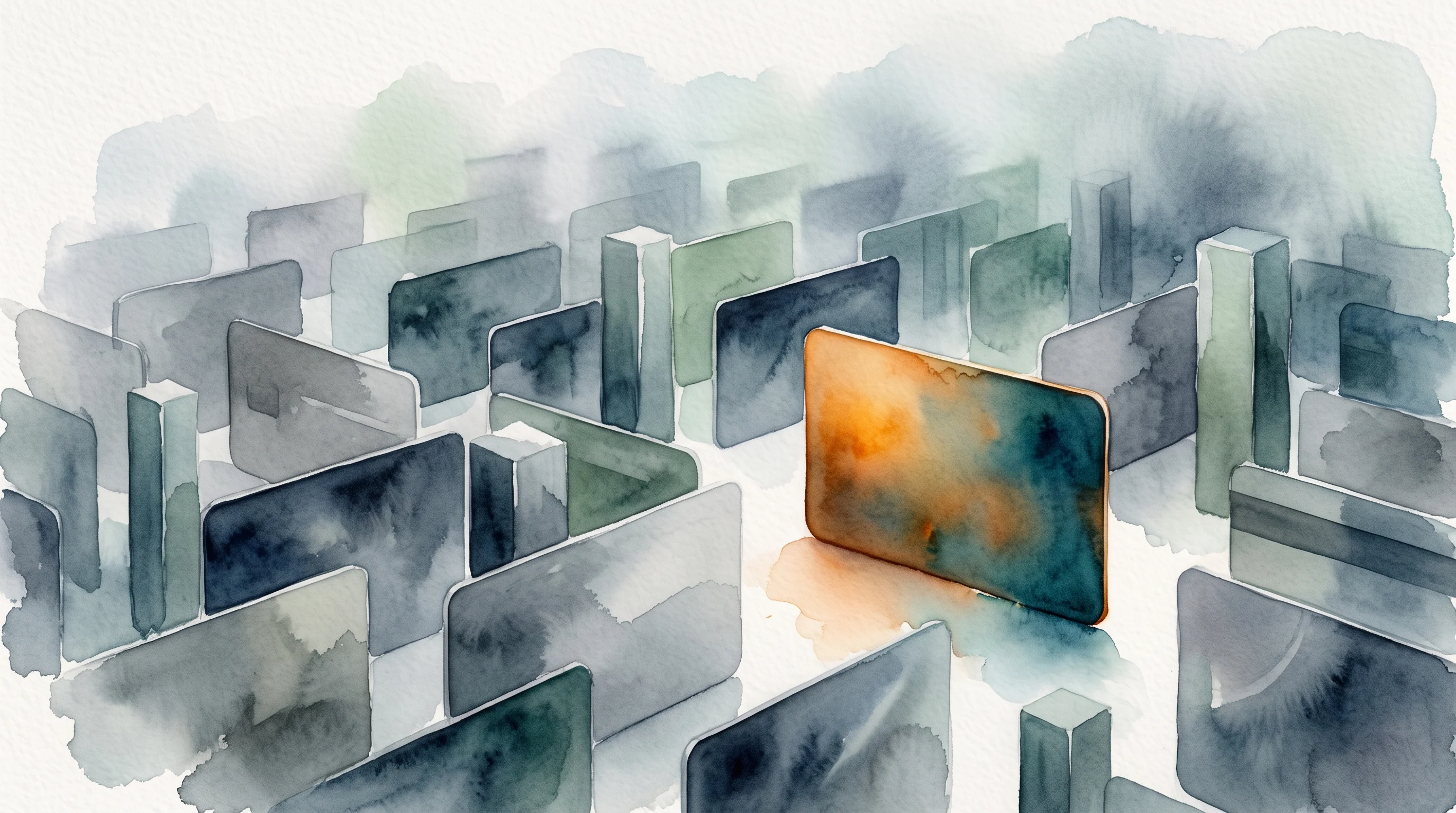 Digital illustration for article section "The Crowded Field" in "YC's Florin Launches Financial OS to Replace Startup Banking Stack" - A conceptual, minimalist landscape representing a crowded financial market, featuring a dense but el...