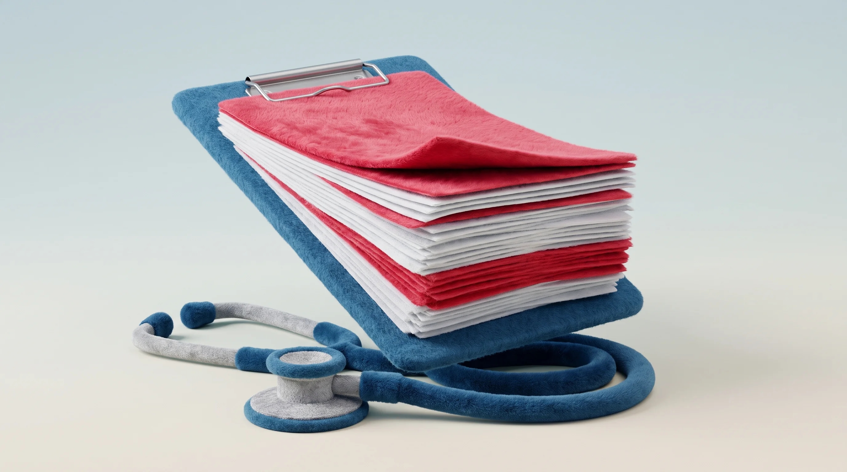 Digital illustration for article section "The Weight Physicians Carry" in "YC S26's Insurf Automates Health Insurance Appeals with AI" - A conceptual 3D illustration representing the heavy burden of medical bureaucracy and prior authoriz...