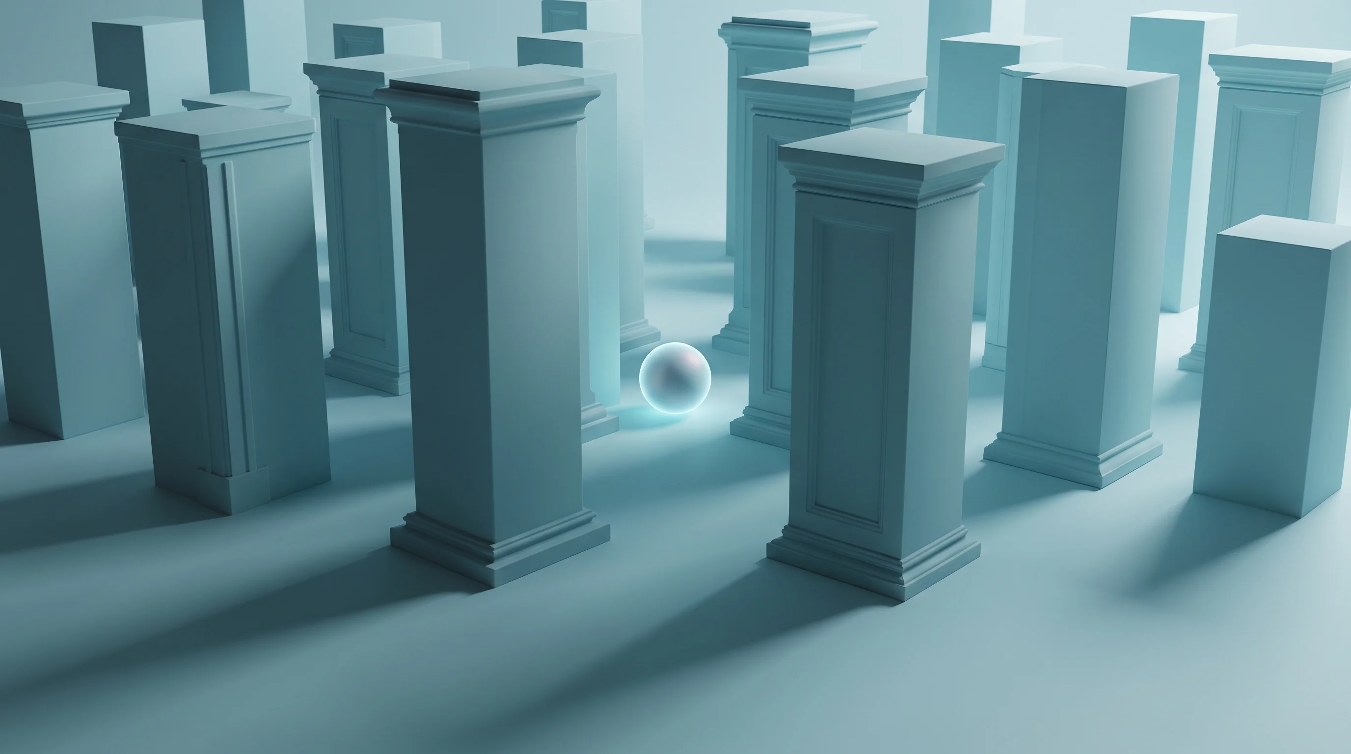 Digital illustration for article section "A Crowded Field, and Some Skepticism to Navigate" in "YC's Verdant Launches AI to Tackle Permitting Crisis Blocking Housing" - A conceptual 3D rendering illustrating the challenge of navigating a crowded competitive landscape, ...