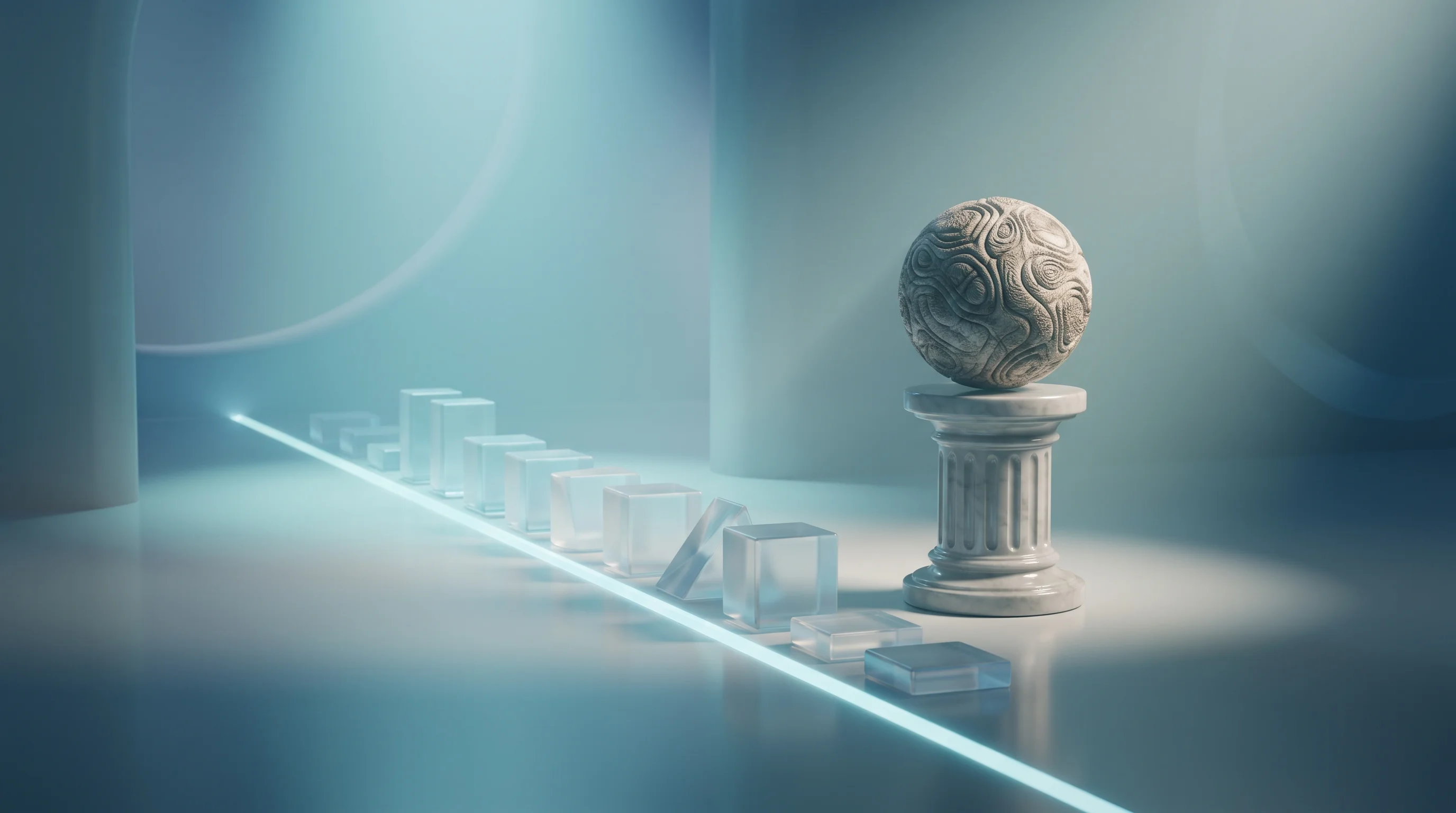 Digital illustration for article section "What Happens Next" in "YC's Verdant Launches AI to Tackle Permitting Crisis Blocking Housing" - A dreamy 3D rendering of a minimalist futuristic concept representing the handover between automated...