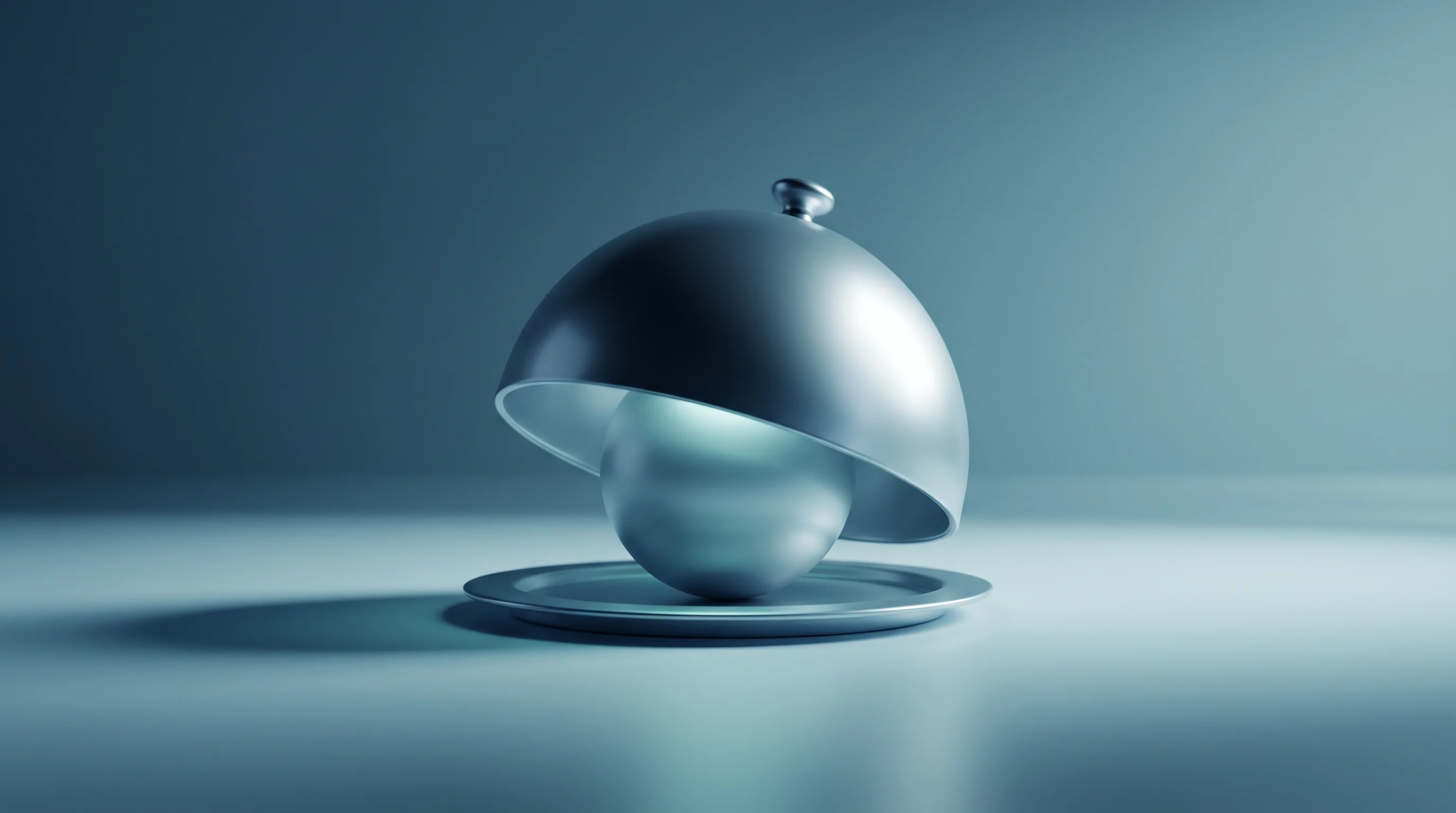 Digital illustration for article section "The Real Test Ahead" in "Truffle Launches AI-Native OS for Restaurant Back-of-House Ops" - A sleek, modern metallic restaurant cloche slightly lifted to reveal a subtly glowing, smooth spheri...