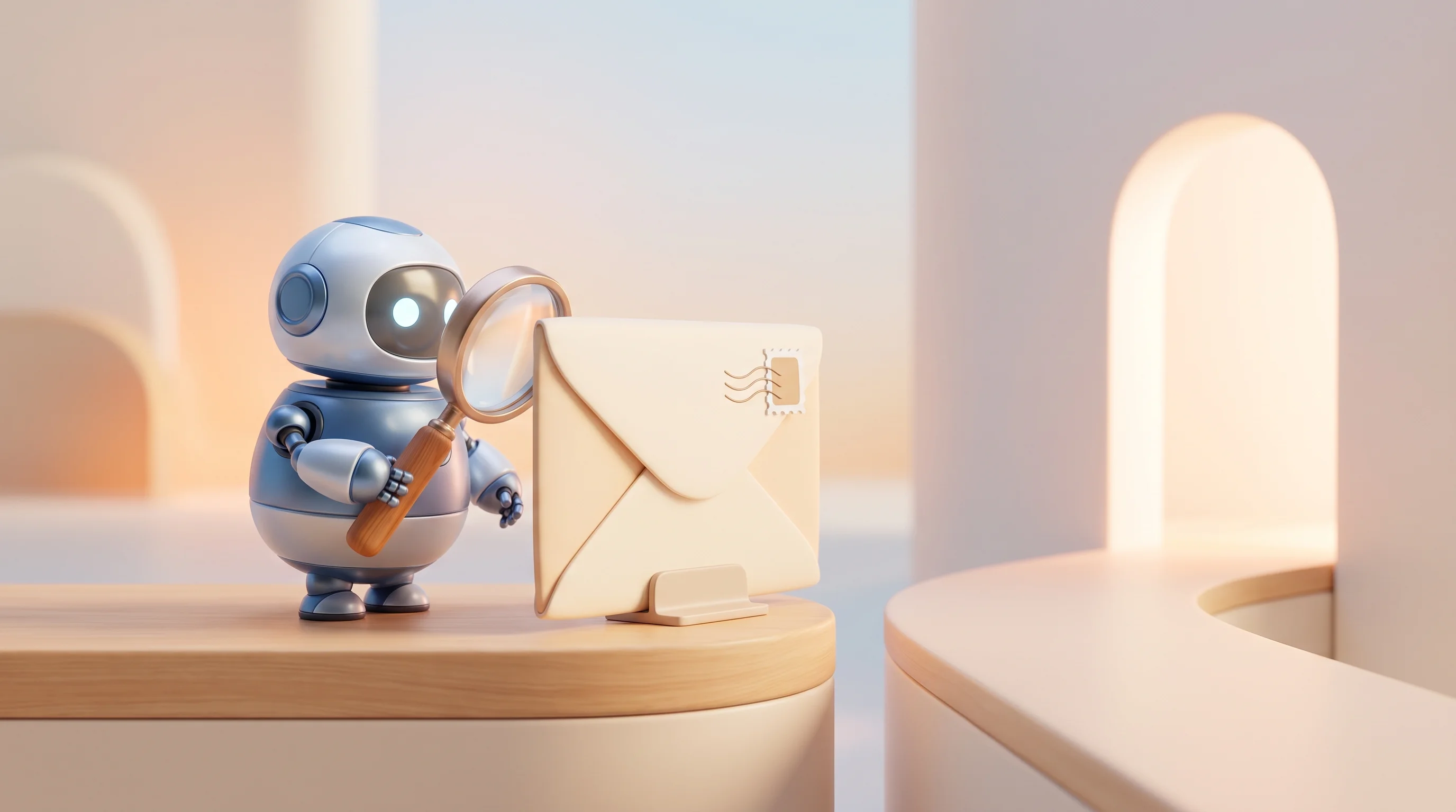 Digital illustration for article section "A Market That's Interested But Not Quite Ready to Commit" in "Whitespace Launches AI Operating System for Wholesale Distributors" - A conceptual, modern 3D illustration of a cute, rounded, non-human robot character holding a magnify...