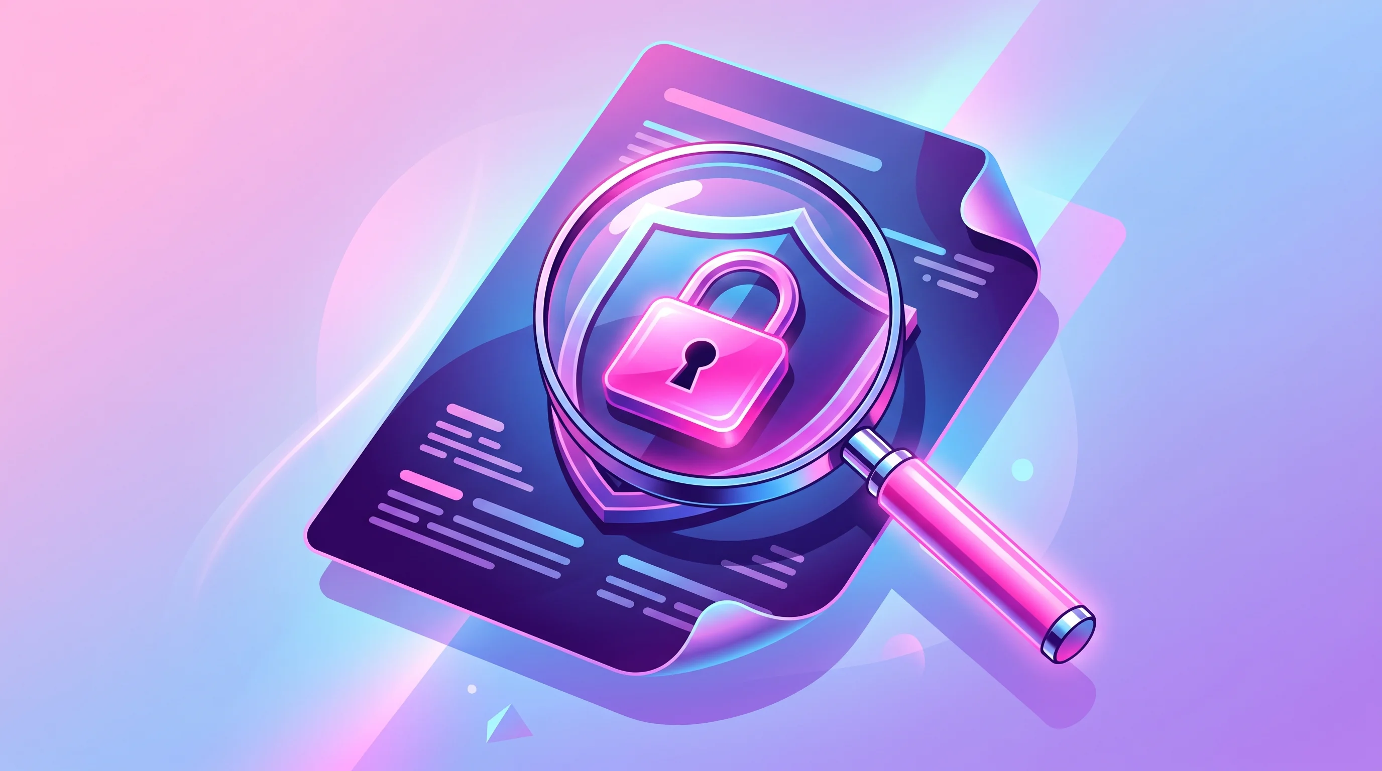 Digital illustration for article section "Security and the Fine Print" in "YC's LATO Launches Agent-Native Platform for Investment Research" - A sleek, modern magnifying glass hovering over an elegant, abstract representation of a confidential...