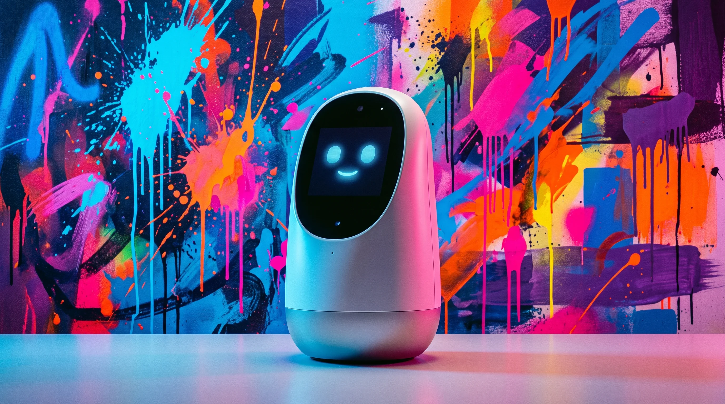 Digital illustration for article section "A Crowded Field, But Room to Maneuver" in "Callie Care Raises $500K to Fight Elder Loneliness with AI Calls" - A sleek, minimalist tabletop companion robot serves as the strong central focal point, conceptually ...