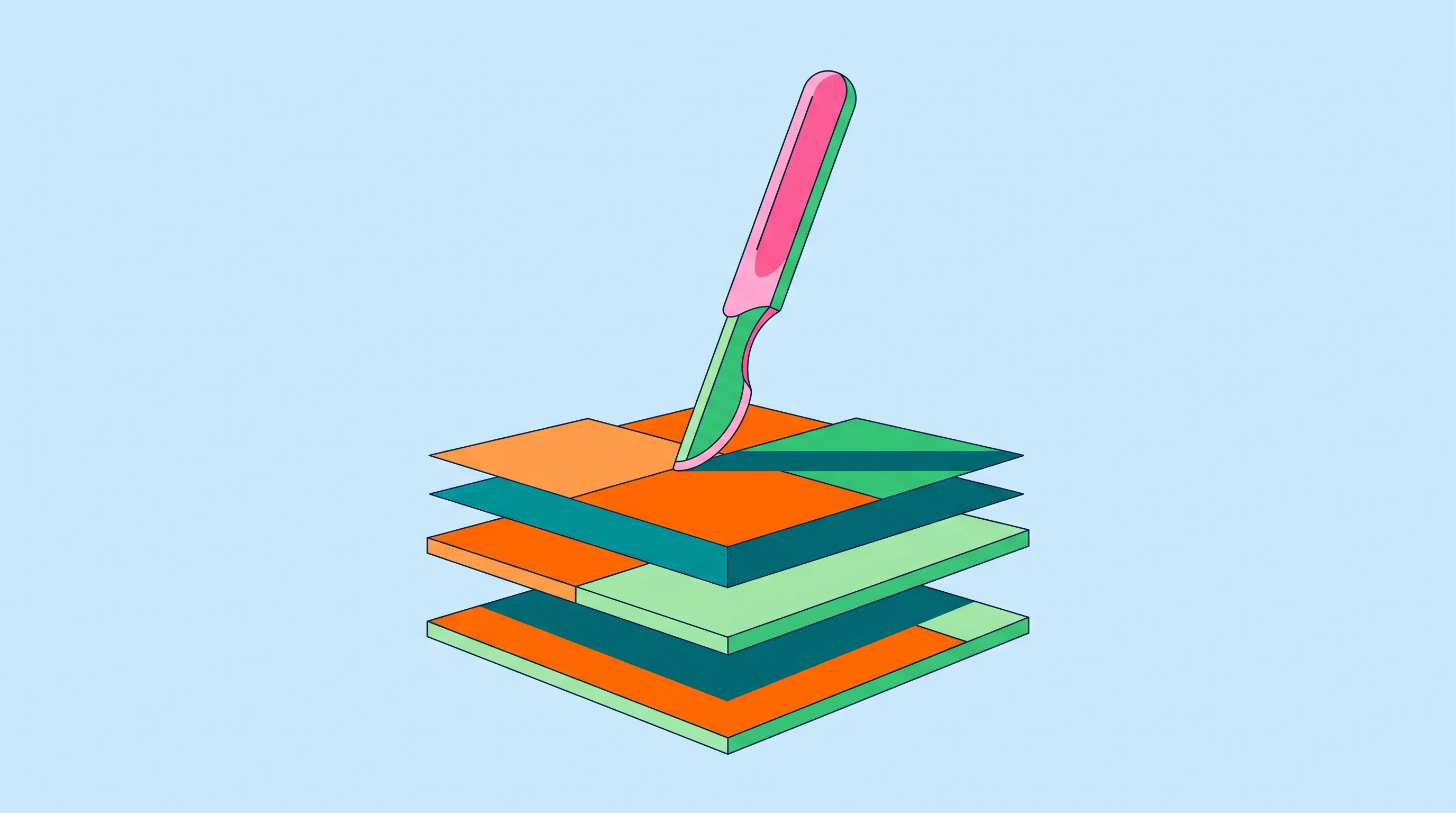 Digital illustration for article section "What's Actually Being Built" in "Rosota Raises $965K Seed for AI-Native Surgical Robots" - A single, sleek, stylized surgical instrument gracefully interacting with a series of clean, stacked...