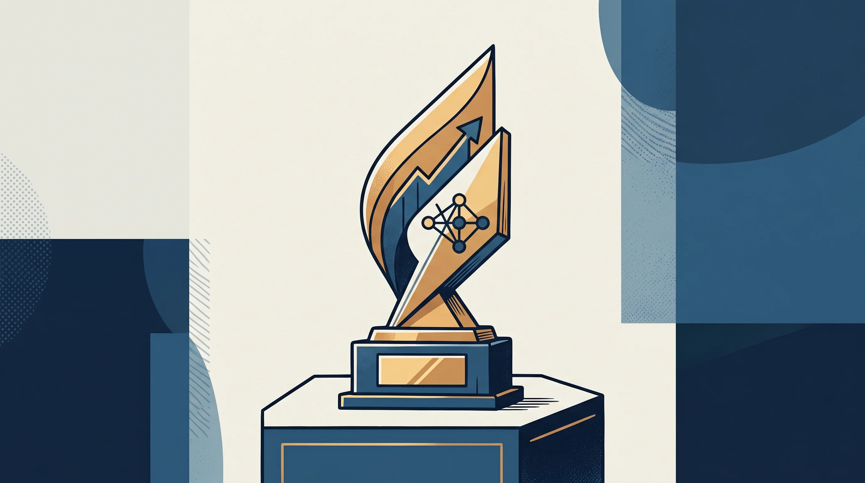Digital illustration for article section "The Validation Engine" in "LinqAlpha Closes $22M Series A to Scale AI Research for Investors" - A conceptual and minimalist illustration of a sleek, modern award trophy resting on a clean presenta...