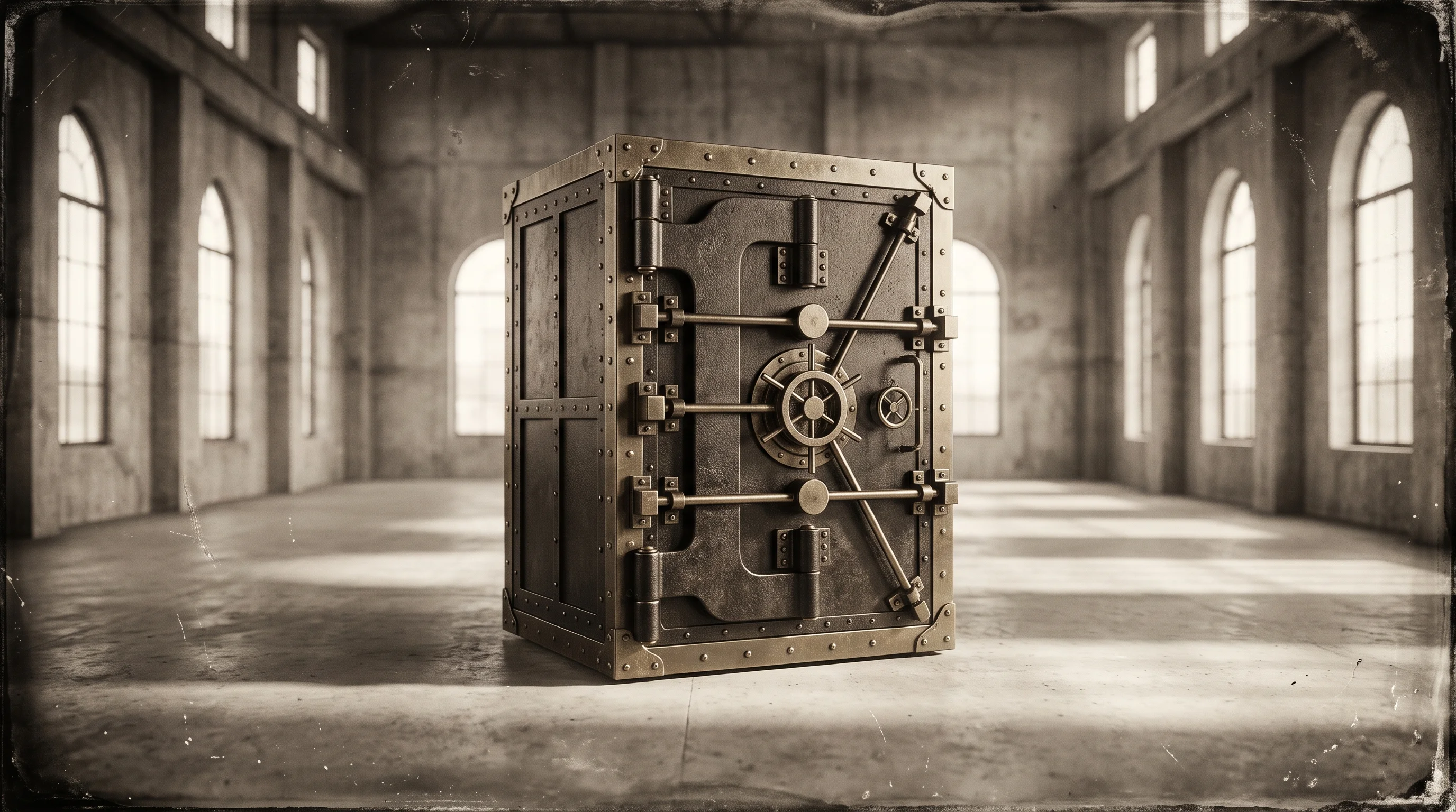 Digital illustration for article section "What the Money's For" in "Venice AI Hits $1B Valuation with $65M Round for Private AI" - A towering, monumental server cabinet designed to resemble a heavy, antique bank vault, standing as ...
