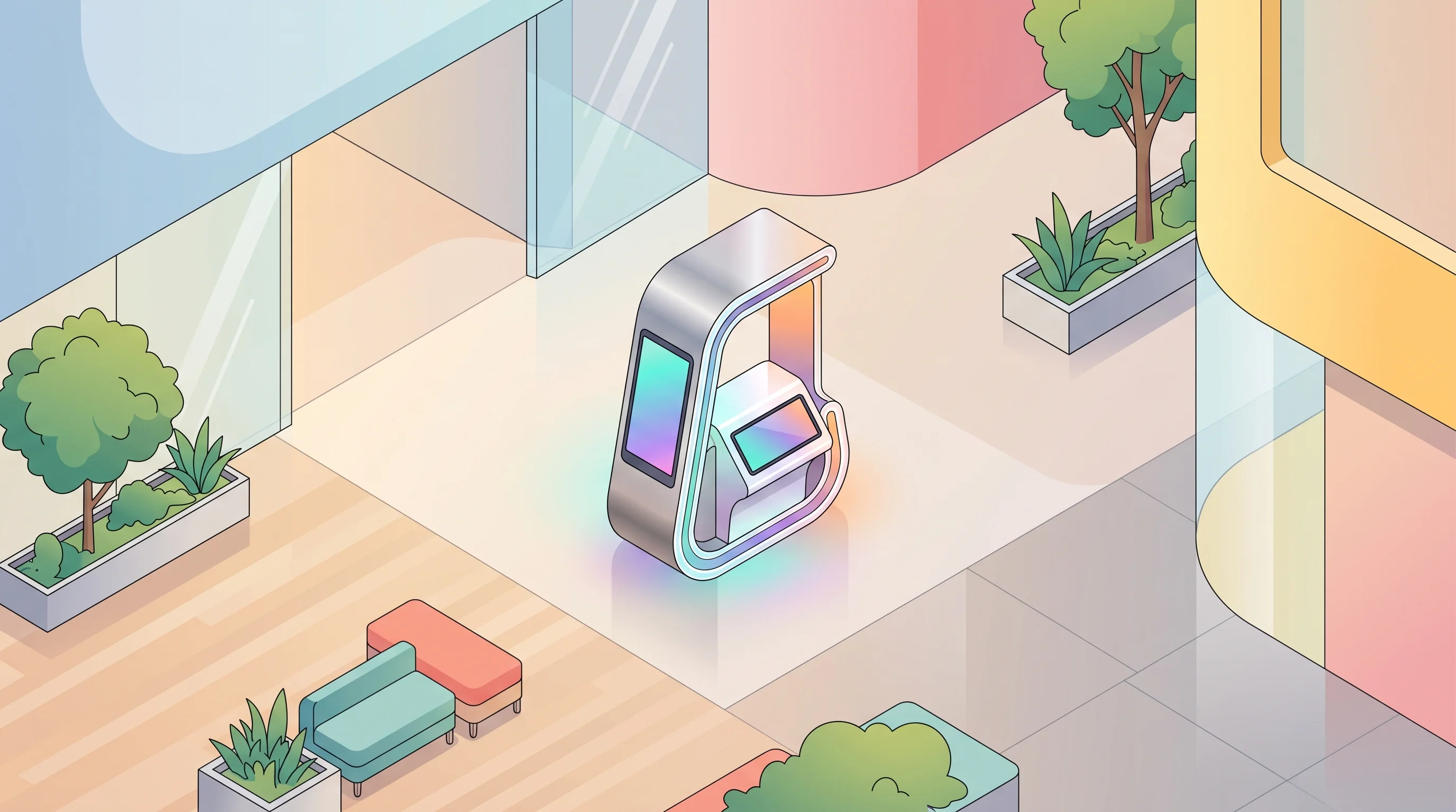 Digital illustration for article section "Retail and Hospitality Clients—Real Ones" in "Amity Robotics Raises $7M Seed for AI-Powered Physical Concierges" - A sleek, modern robotic kiosk standing as the central focal point within a luxurious, minimalist pre...