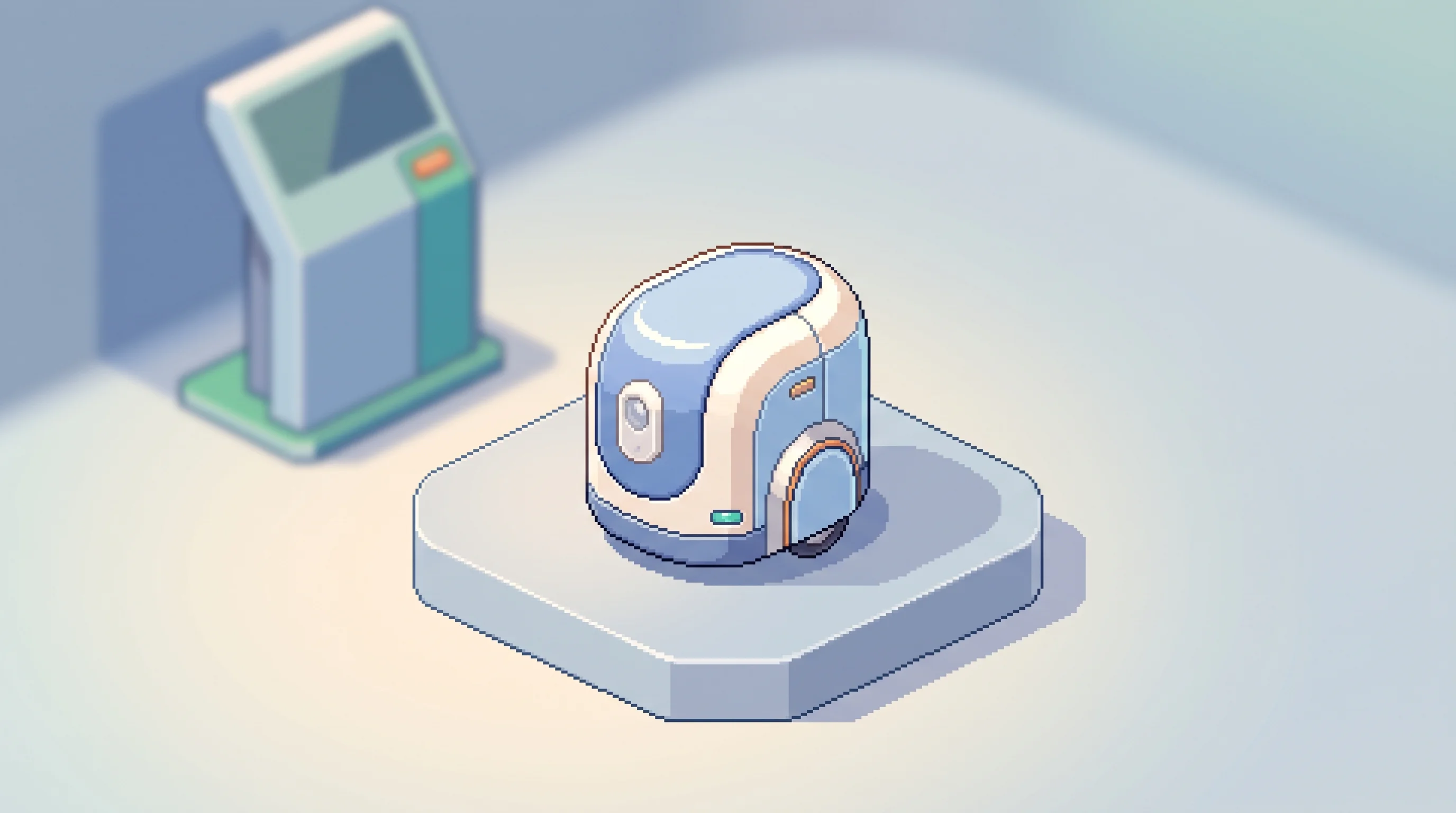 Digital illustration for article section "A Mobile Robot Is Coming (Eventually)" in "Amity Robotics Raises $7M Seed for AI-Powered Physical Concierges" - A clean, minimalist composition featuring a sleek, conceptual mobile robot prototype resting on a sm...
