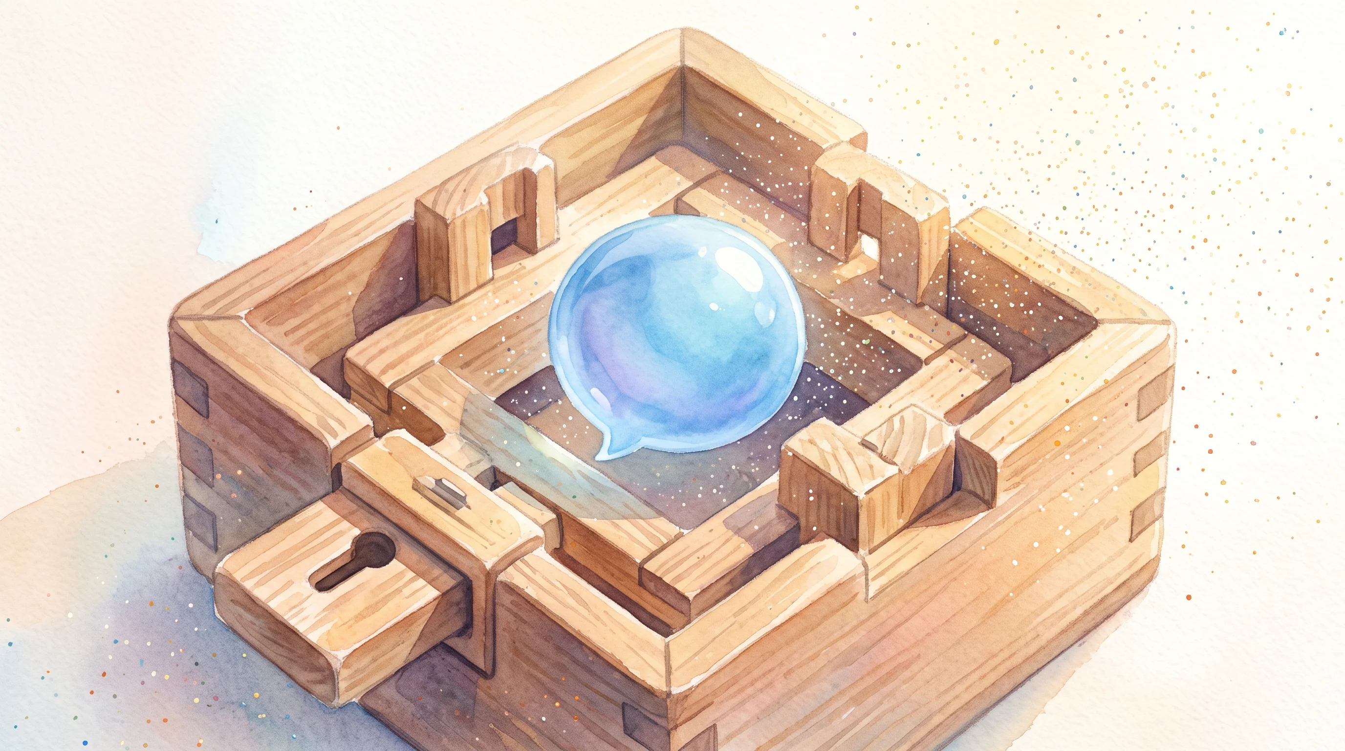 Digital illustration for article section "The iMessage Puzzle" in "Inkbox Gives AI Agents Email, Phone, and iMessage in YC S26 Launch" - A conceptual and minimalist composition featuring a single, smooth, translucent blue chat bubble flo...