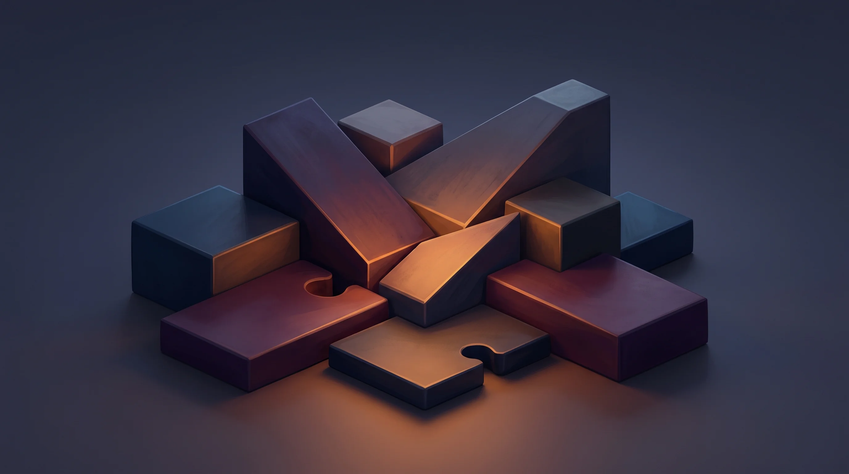 Digital illustration for article section "A Crowded Space, With Different Angles" in "PayPal Ventures Leads $20M Round Into B2B Payments Pioneer Gynger" - A central, clean composition featuring a cluster of overlapping, modern geometric building blocks an...