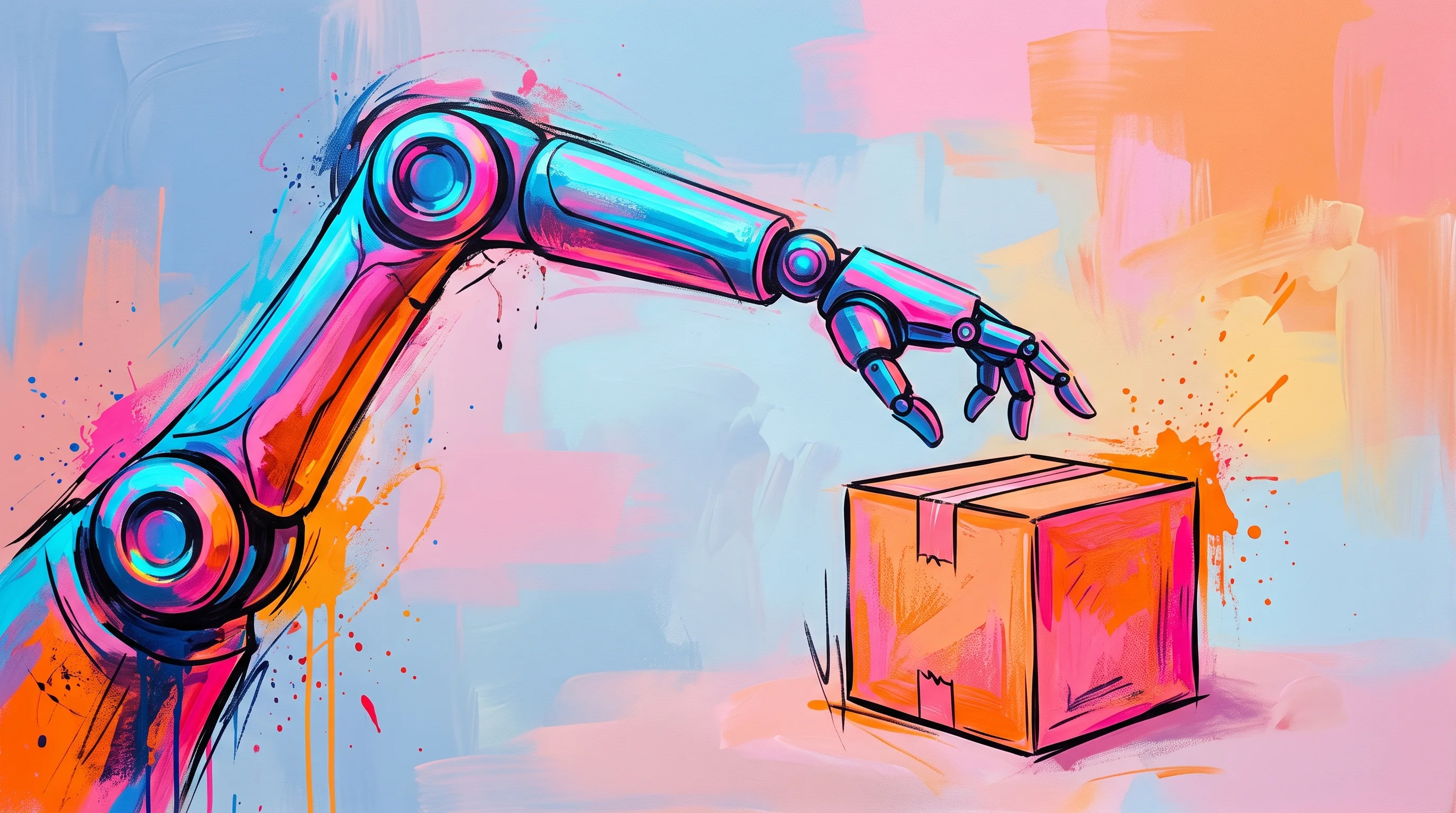 Digital illustration for article section "The Training Data Has to Come From Somewhere" in "Cepta's Praxis Turns Companies Into Data Vendors for Physical AI" - A sleek, modern robotic arm gently reaching for a simple, stylized shipping package, symbolizing the...