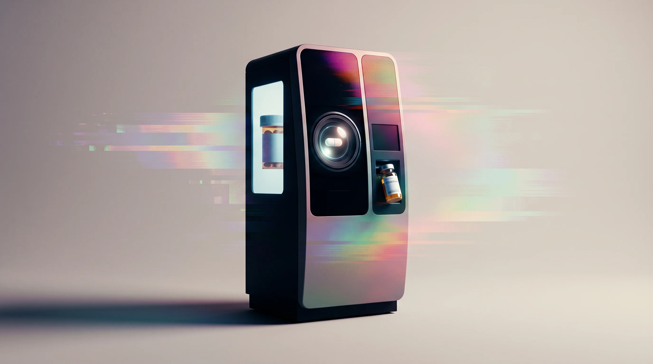 Digital illustration for article section "Inside the Kiosk" in "Queue Raises $12.6M for Pharmacy Kiosks That Need No Pharmacist" - A sleek, modern floor-standing automated pharmacy kiosk, roughly the size of an ATM, standing as the...