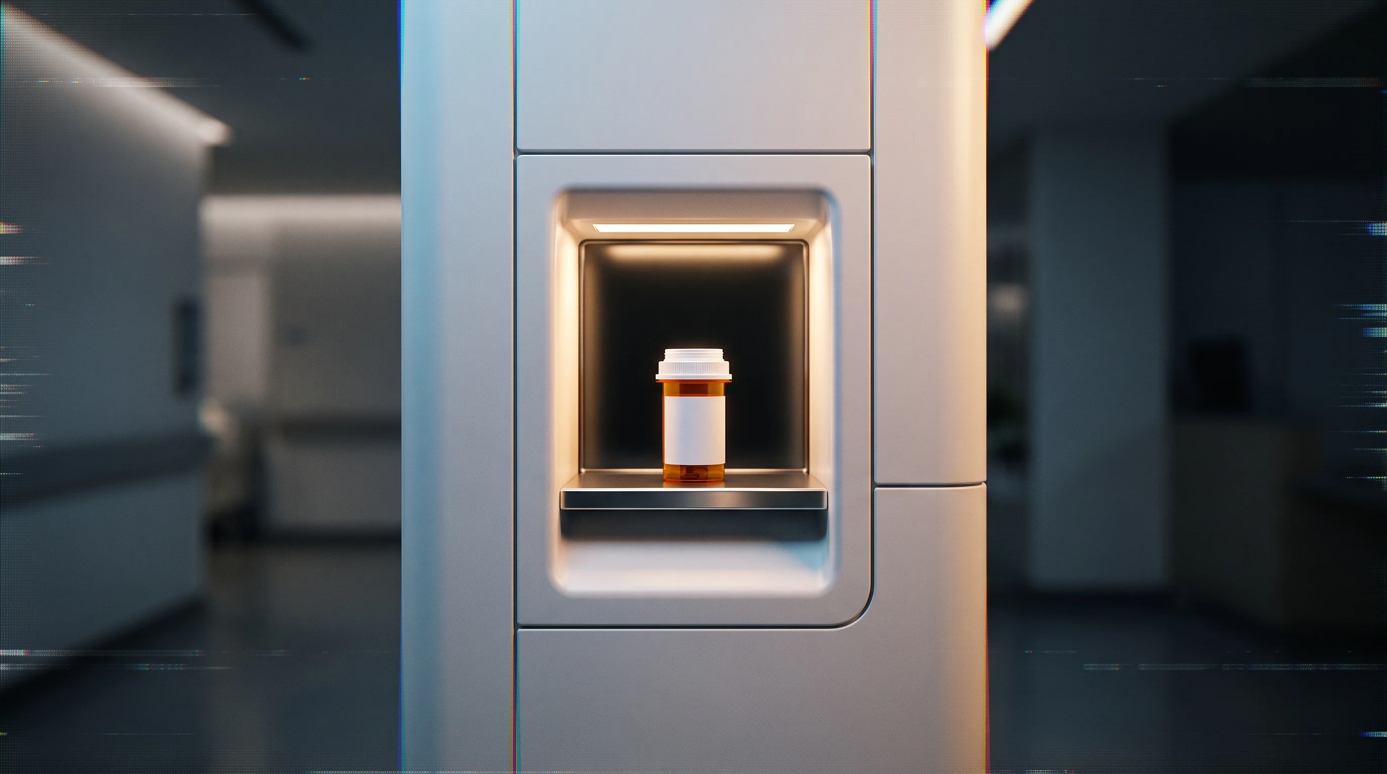 Digital illustration for article section "Not Exactly Alone" in "Queue Raises $12.6M for Pharmacy Kiosks That Need No Pharmacist" - A clean, minimalist automated pharmacy pickup kiosk featuring a sleek dispensing bay with a single p...