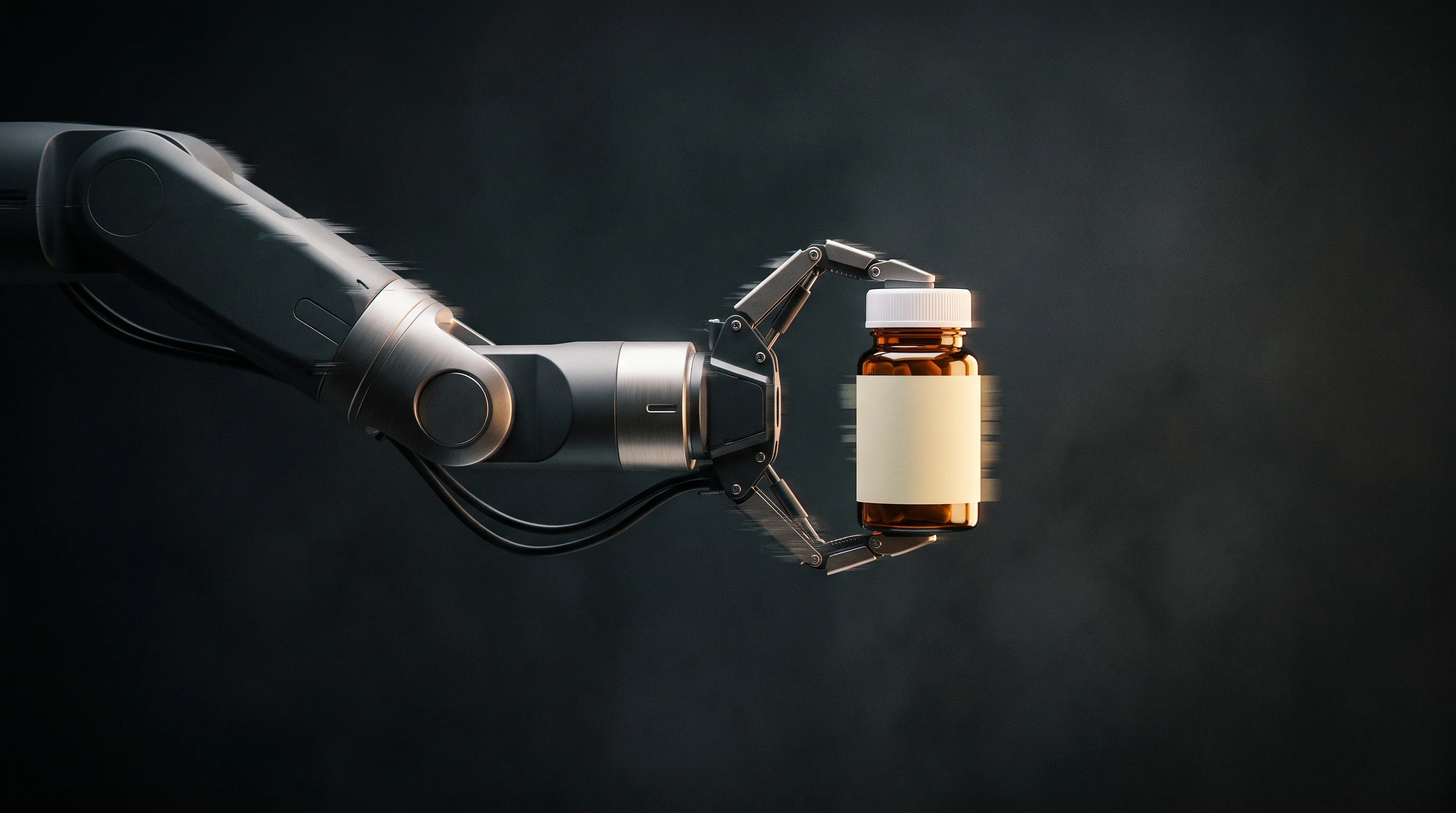 Digital illustration for article section "The Test Ahead" in "Queue Raises $12.6M for Pharmacy Kiosks That Need No Pharmacist" - A sleek, modern automated medical robotic arm delicately holding a single, pristine prescription bot...