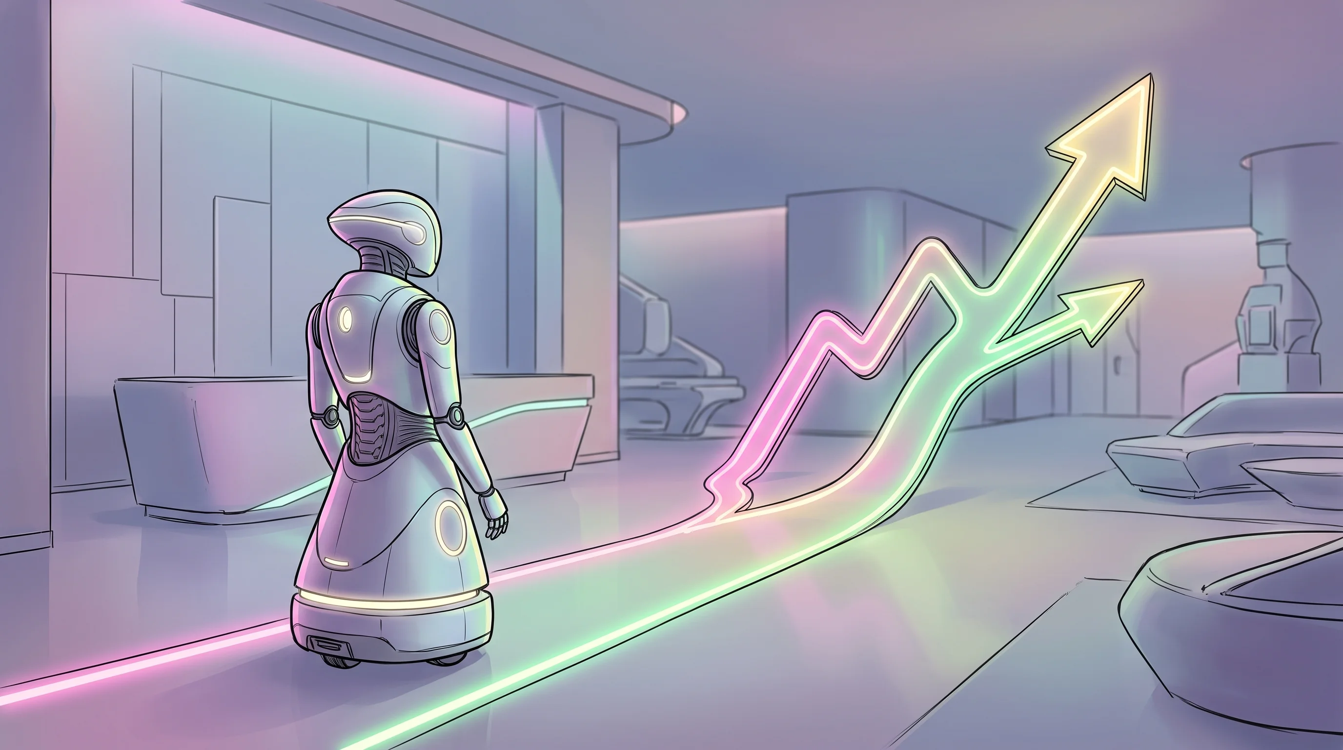 Digital illustration for article section "A Market Still Figuring Itself Out" in "YC-Backed OS3 Deploys Semi-Humanoid Robots in Hotel Kitchens" - A sleek, minimalist hospitality delivery robot stands at the center of an uncluttered, stylized hote...