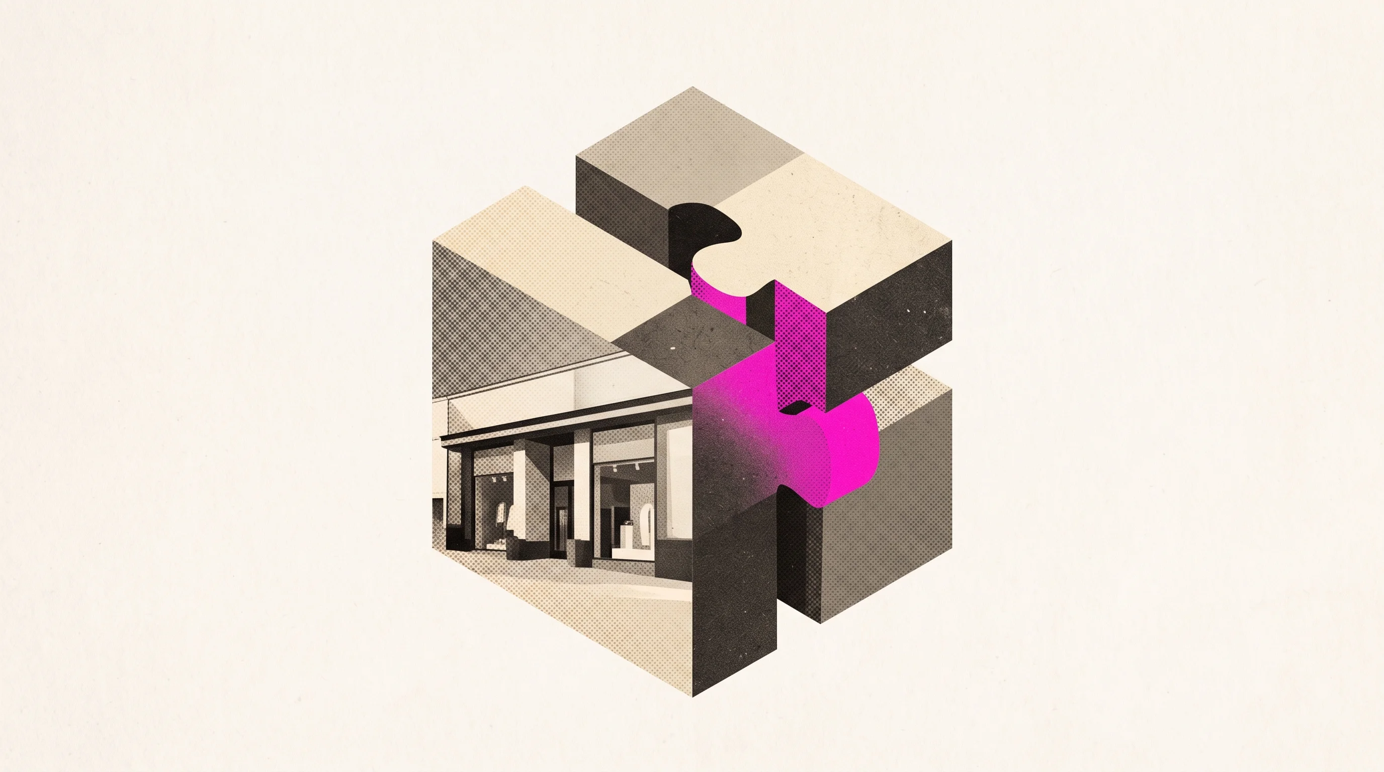 Digital illustration for article section "Who's Behind It" in "YC-Backed Pango Launches 'Agentic OS' to Automate E-Commerce Returns" - A minimalist, surreal conceptual composition representing the foundation of a massive e-commerce bus...