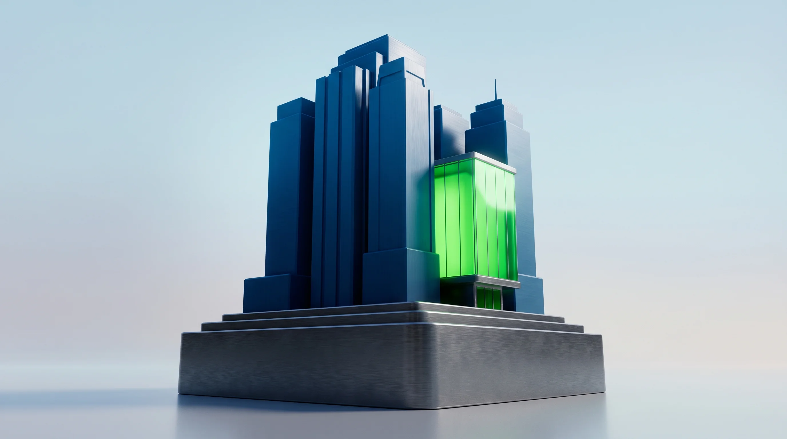 Digital illustration for article section "Stepping Into Territory Already Claimed" in "YC-Backed Edviro Targets School Energy Waste with AI 'World Models'" - A hyper-realistic 3D animated style render of a sleek, modern architectural building model resting o...