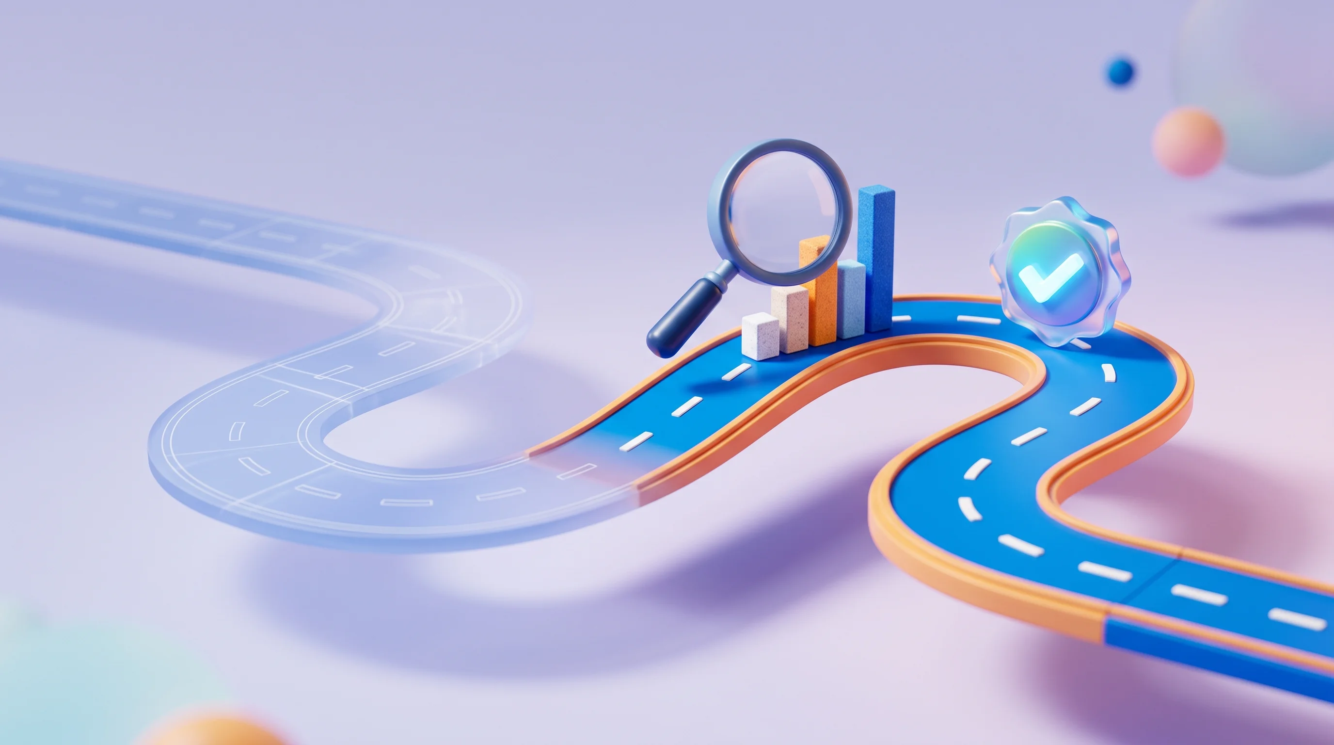 Digital illustration for article section "The Roadmap Forward (or Not)" in "YC-Backed Edviro Targets School Energy Waste with AI 'World Models'" - A sleek, winding 3D roadmap floating in a clean, uncluttered space, symbolizing the journey from ear...