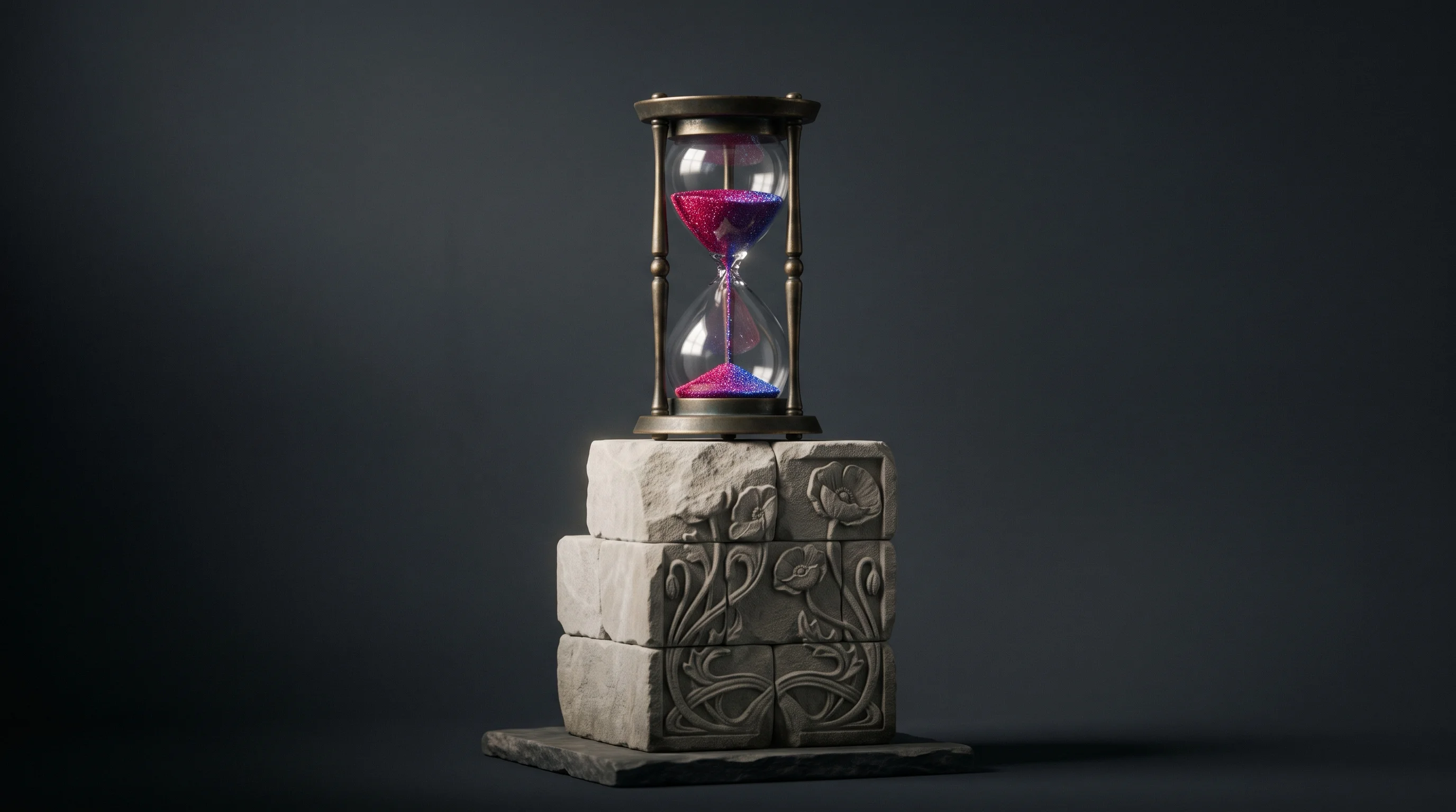 Digital illustration for article section "A Bet on Timing" in "AI Agents Dominate Y Combinator's Spring 2026 Batch" - A conceptual and professional illustration of a single, elegant antique hourglass resting on a sturd...