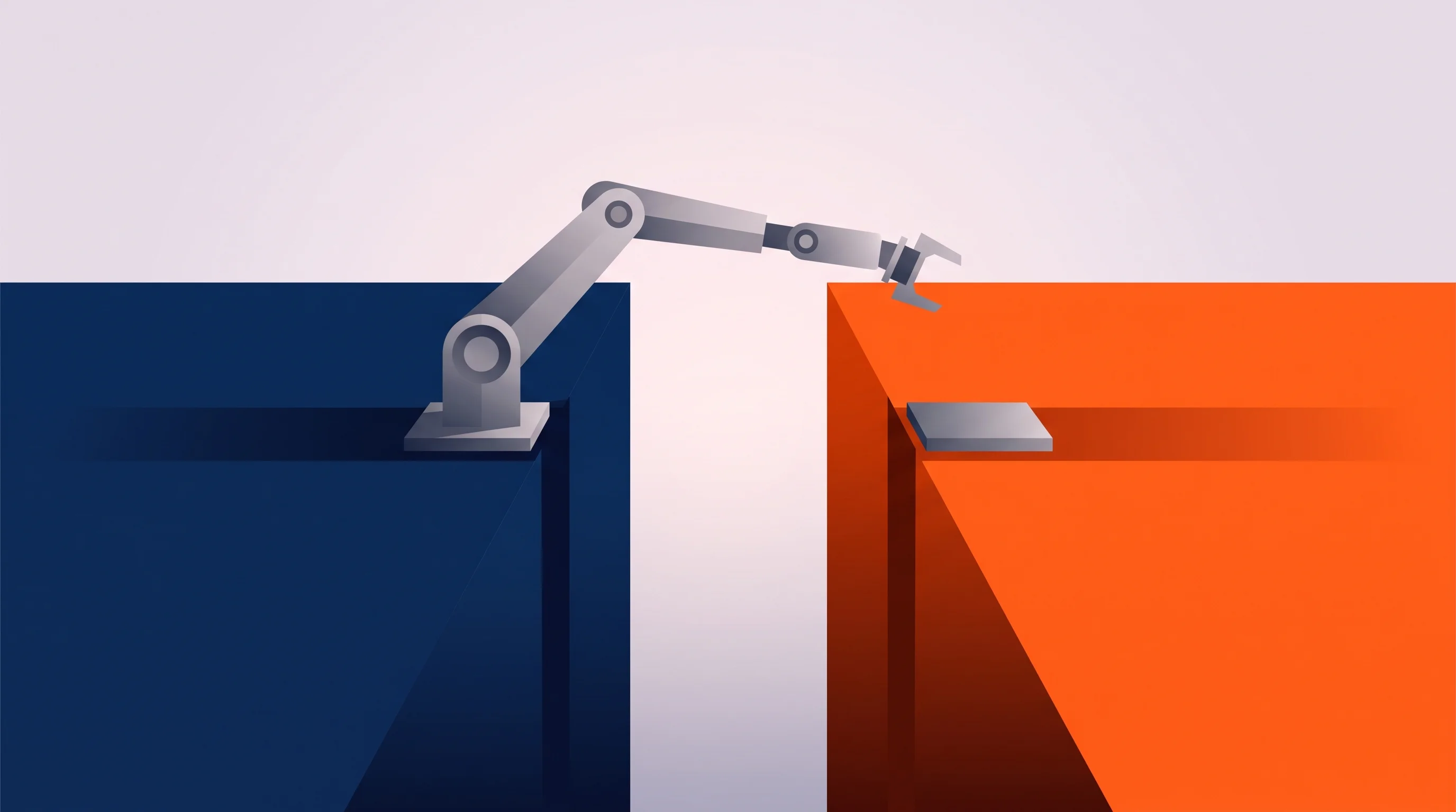 Digital illustration for article section "Content Section 3" in "CarbonSix Raises $40M Series A for Physical AI in Manufacturing" - A sleek, modern robotic arm reaching across a stark, conceptual chasm, symbolizing the critical tran...