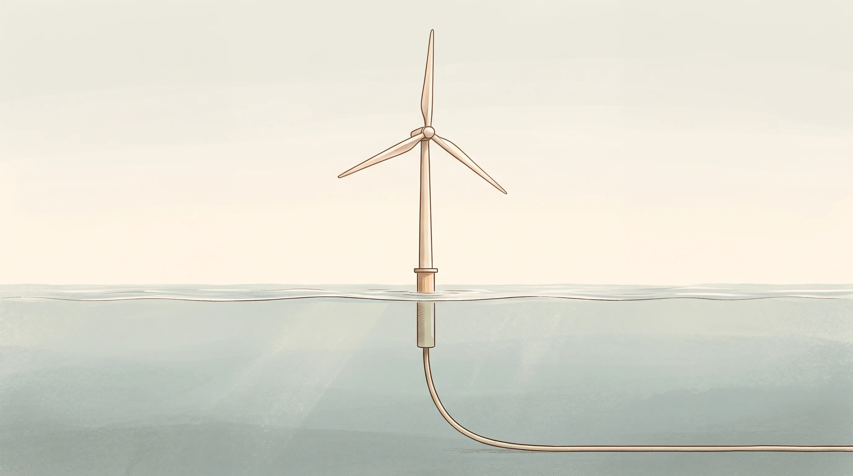 Digital illustration for article section "Three Forces Converging" in "Swiss Startup Subatron Lands CHF 150K for Underwater Comms Tech" - A minimalist, conceptual cross-section view of a single offshore wind turbine rising gently from the...
