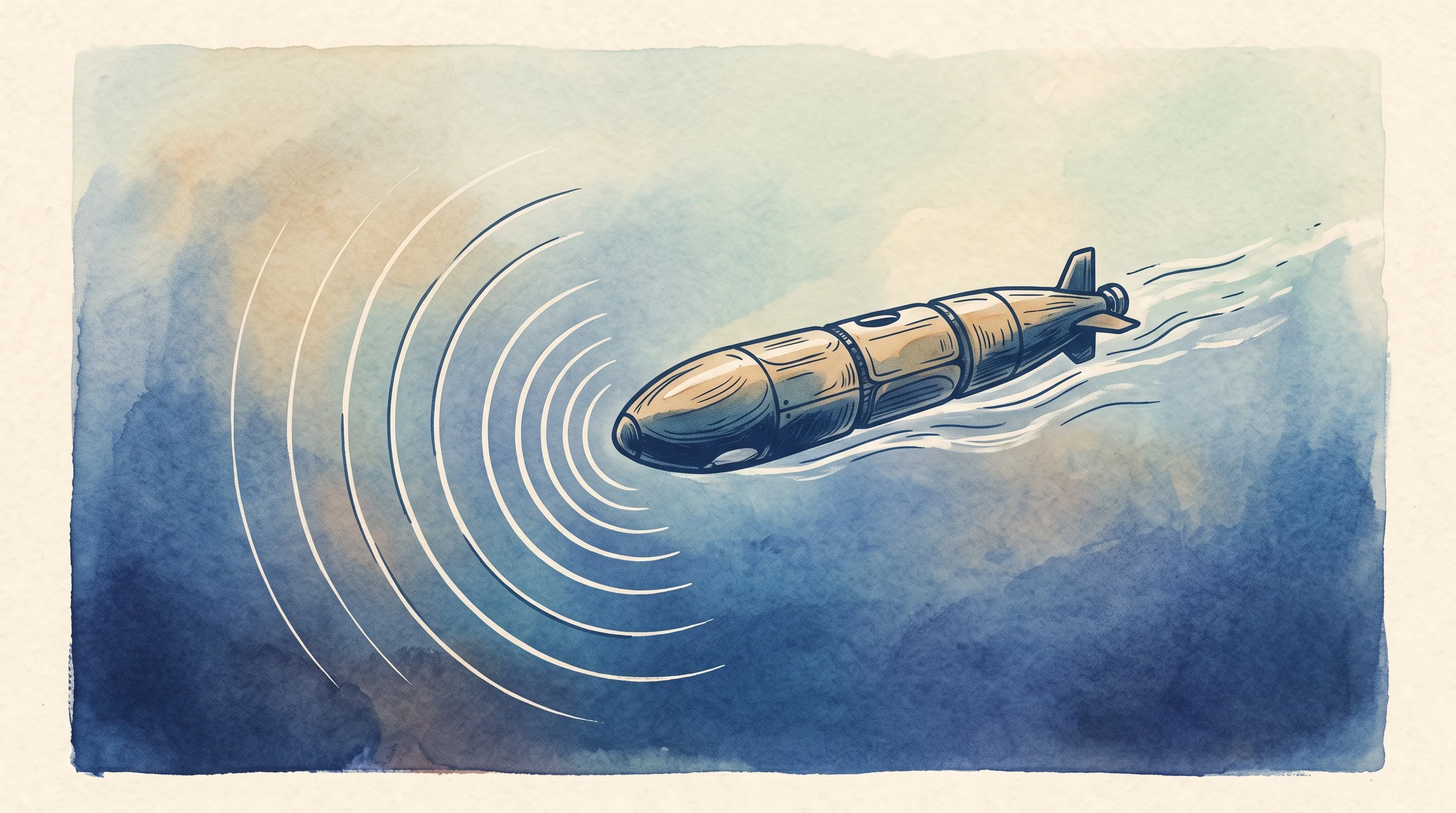 Digital illustration for article section "What Subatron Is Promising" in "Swiss Startup Subatron Lands CHF 150K for Underwater Comms Tech" - A sleek, modular unmanned underwater vehicle gliding gracefully through a vast, uncluttered ocean en...