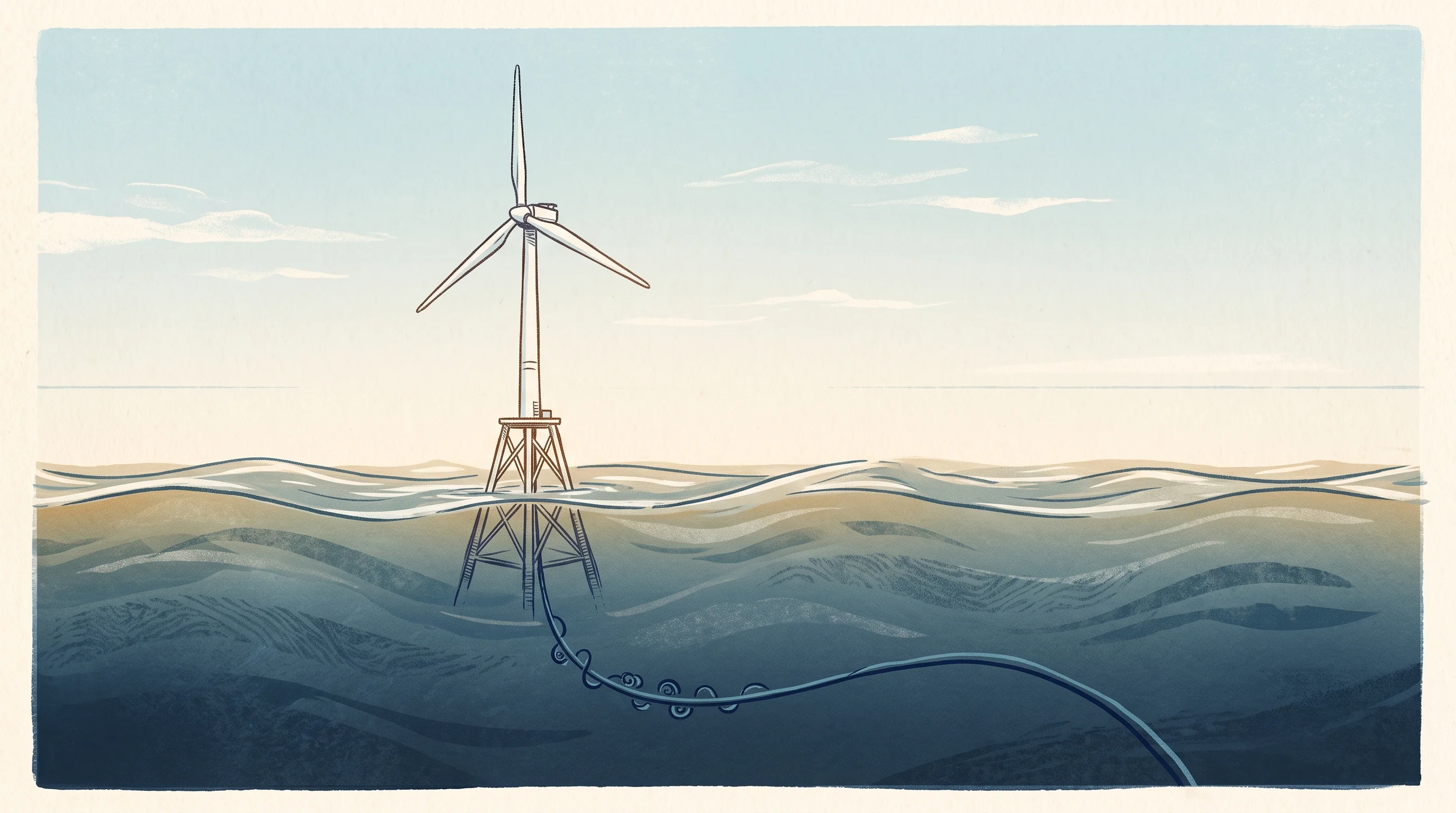 Digital illustration for article section "What Comes Next" in "Swiss Startup Subatron Lands CHF 150K for Underwater Comms Tech" - A clean, minimal composition featuring a solitary offshore wind turbine rising elegantly from a tran...