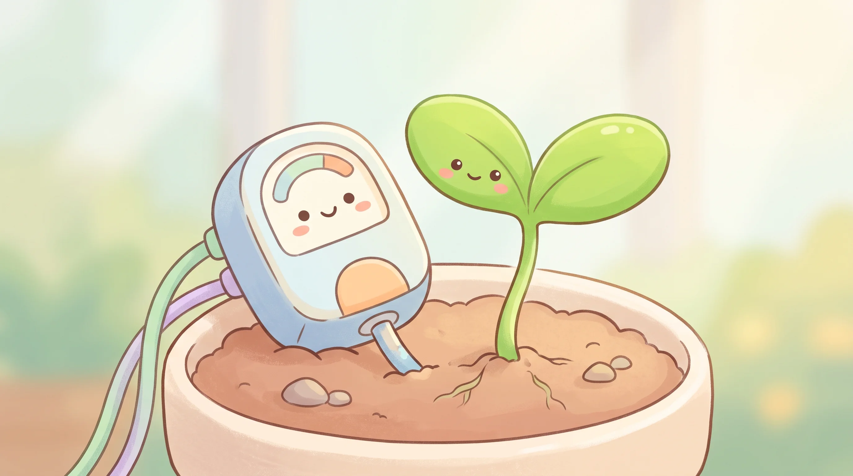 Digital illustration for article section "Co-Designing With Growers" in "Viridys Bio Raises £500K for Biosensors Detecting Crop Disease" - A clean, modern biosensor prototype resting gently next to a vibrant, stylized green plant seedling ...