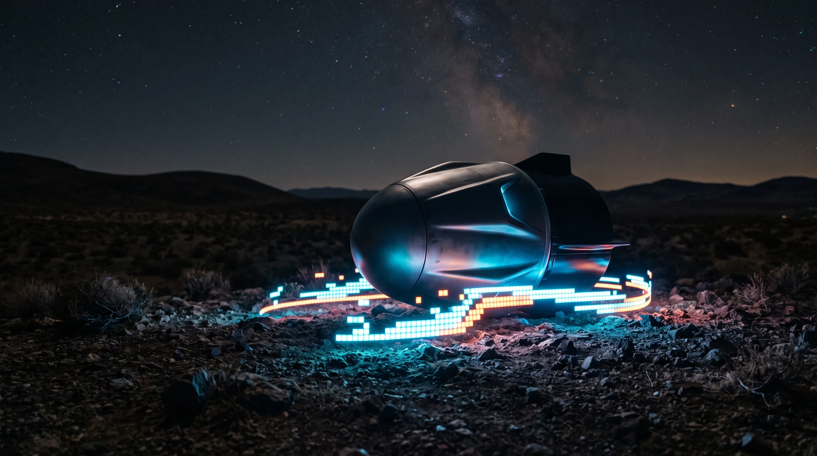 Digital illustration for article section "Who's Building It" in "Inside the Race to Build Hypersonic Rocket Cargo Delivery Systems" - A sleek, modern aerospace cargo supply capsule resting in a rugged, remote nighttime landscape, repr...
