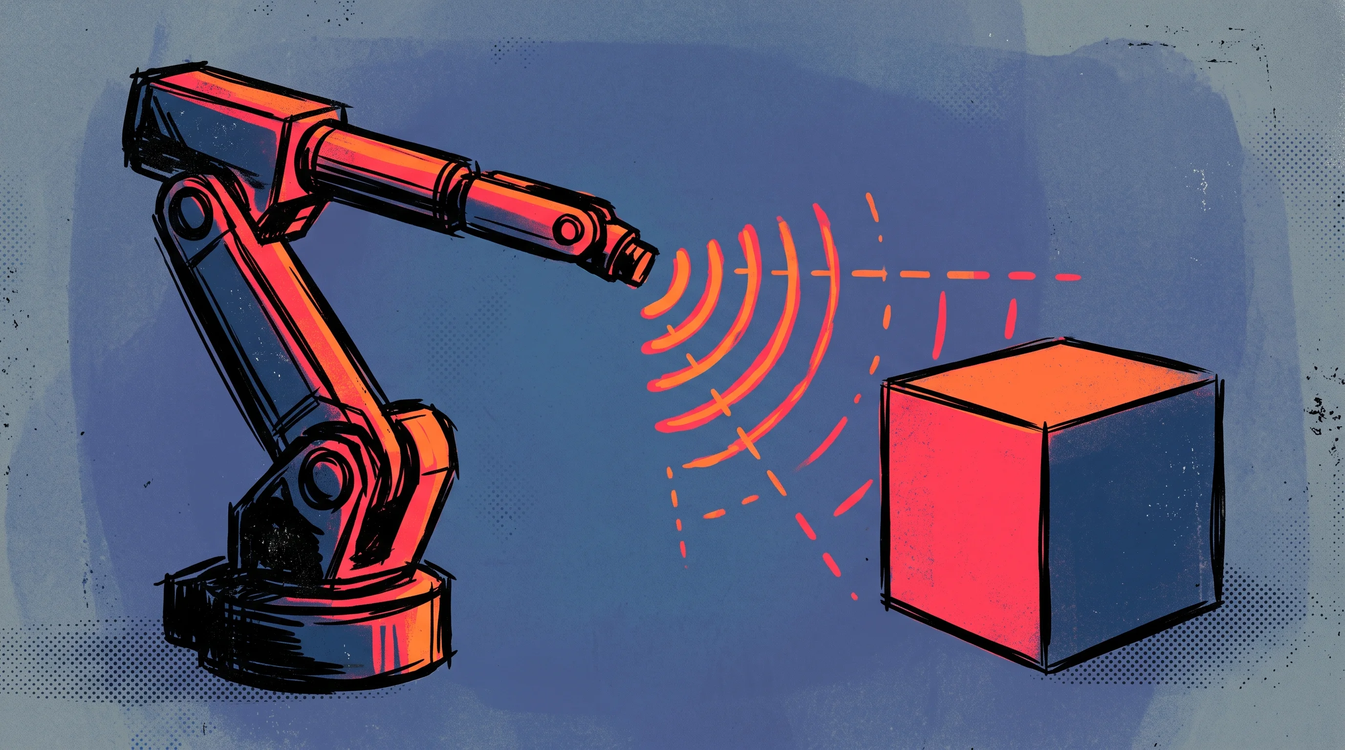 Digital illustration for article section "The Infrastructure Layer Consolidates" in "The Physical AI Data Bottleneck: Why Robots Need Egocentric Vision" - A clean, minimal composition focusing on a single sleek industrial robotic arm scanning a simple geo...