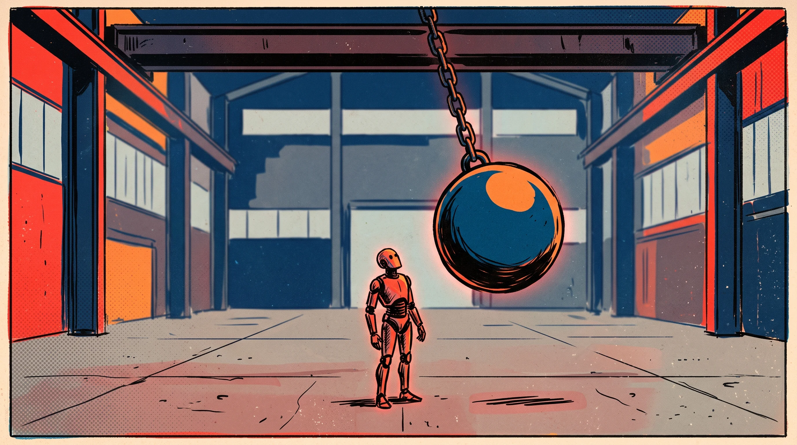 Digital illustration for article section "The Market Timing Question Hangs Over Everything" in "The Physical AI Data Bottleneck: Why Robots Need Egocentric Vision" - A clean, minimal conceptual illustration of a single, unbranded humanoid robot standing on an unclut...
