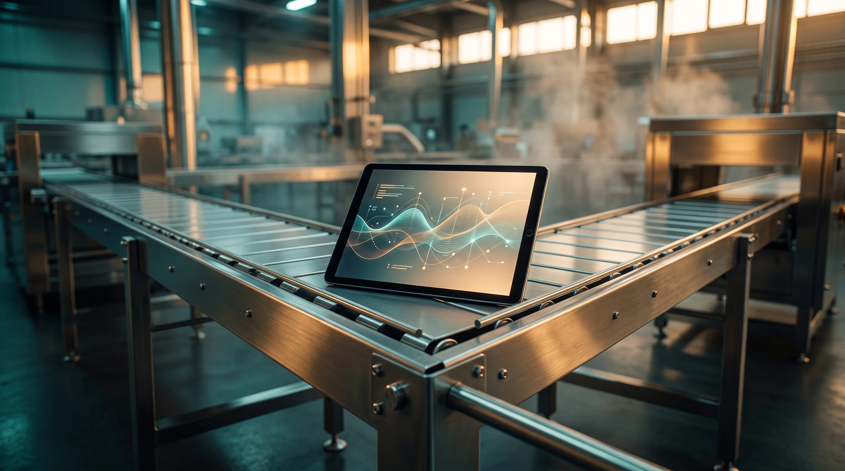 Digital illustration for article section "Founders Who Know the Factory Floor" in "BRAINR Extends Record Seed to $12.8M for Food Manufacturing AI" - A sleek, modern digital tablet displaying clean, abstract data resting on a pristine stainless steel...