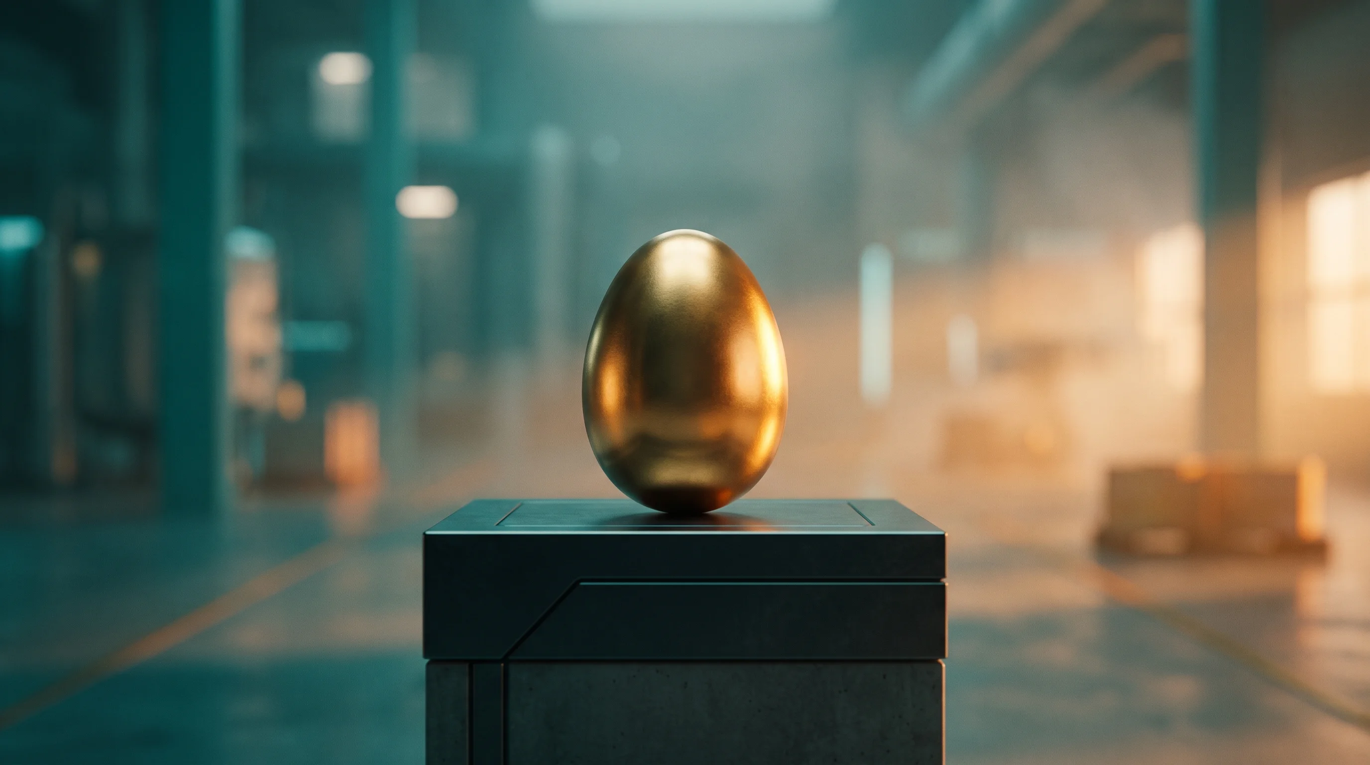 Digital illustration for article section "Proof Points From Poultry Processors" in "BRAINR Extends Record Seed to $12.8M for Food Manufacturing AI" - A pristine, stylized golden egg resting on a sleek, minimalist modern production pedestal, serving a...