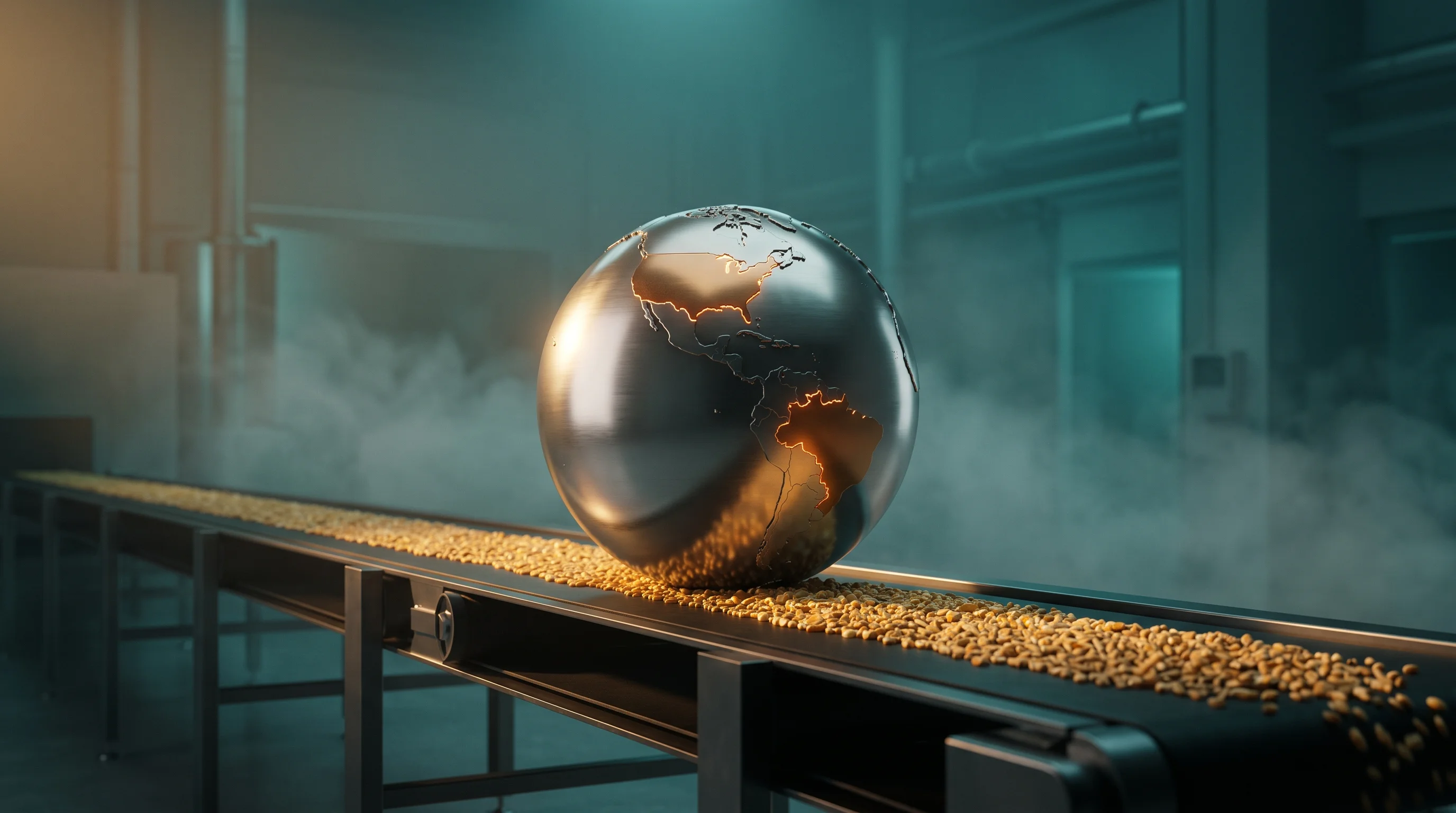 Digital illustration for article section "What Comes Next" in "BRAINR Extends Record Seed to $12.8M for Food Manufacturing AI" - A pristine, minimalist conceptual composition symbolizing international expansion in the food manufa...