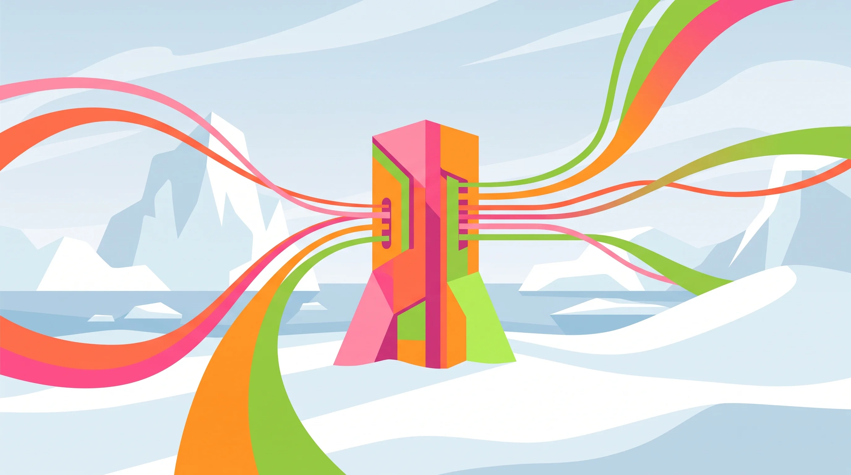 Digital illustration for article section "Building for Environments Where Nothing Else Works" in "Dominion Dynamics Raises $139M CAD for Arctic Defense Tech" - A minimalist and contemporary flat vector illustration of a sleek, unified geometric data hub standi...