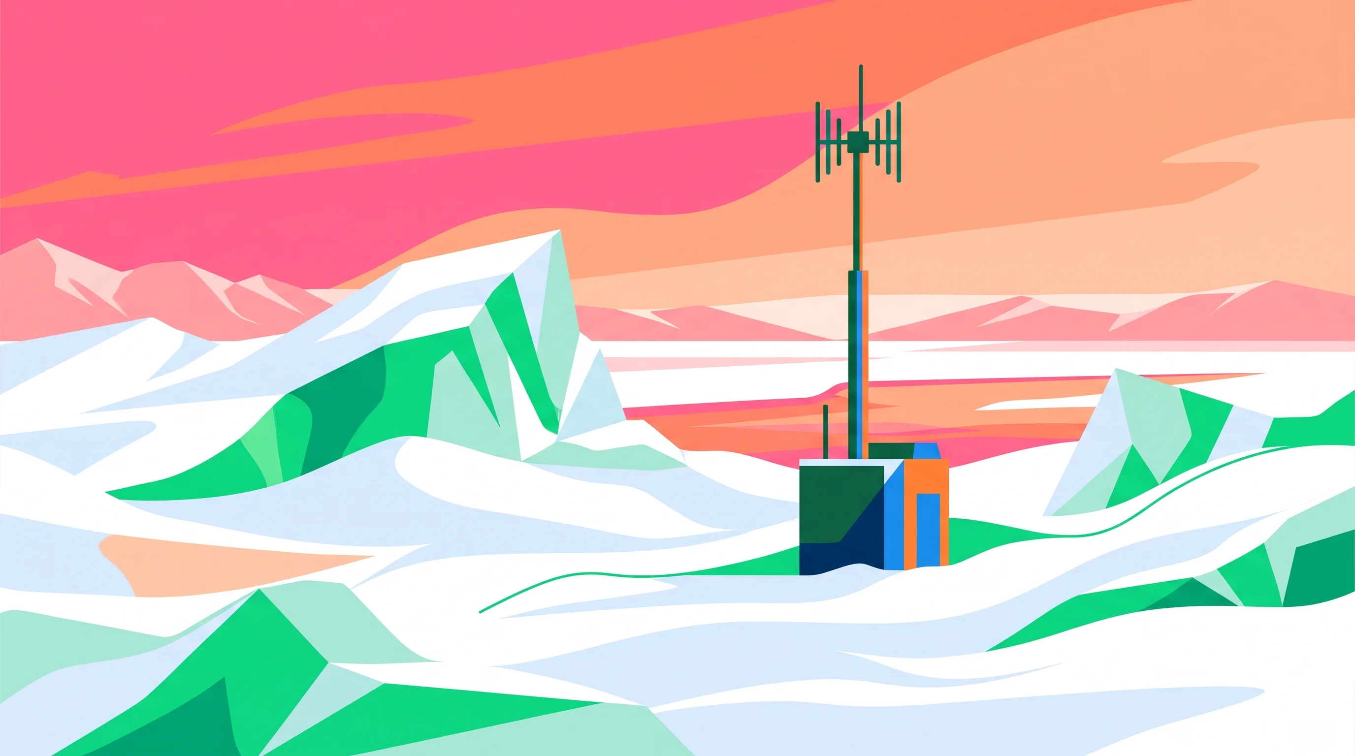 Digital illustration for article section "A Winter in the High Arctic" in "Dominion Dynamics Raises $139M CAD for Arctic Defense Tech" - A conceptual illustration of a High Arctic winter field trial, featuring a sleek, minimalist communi...