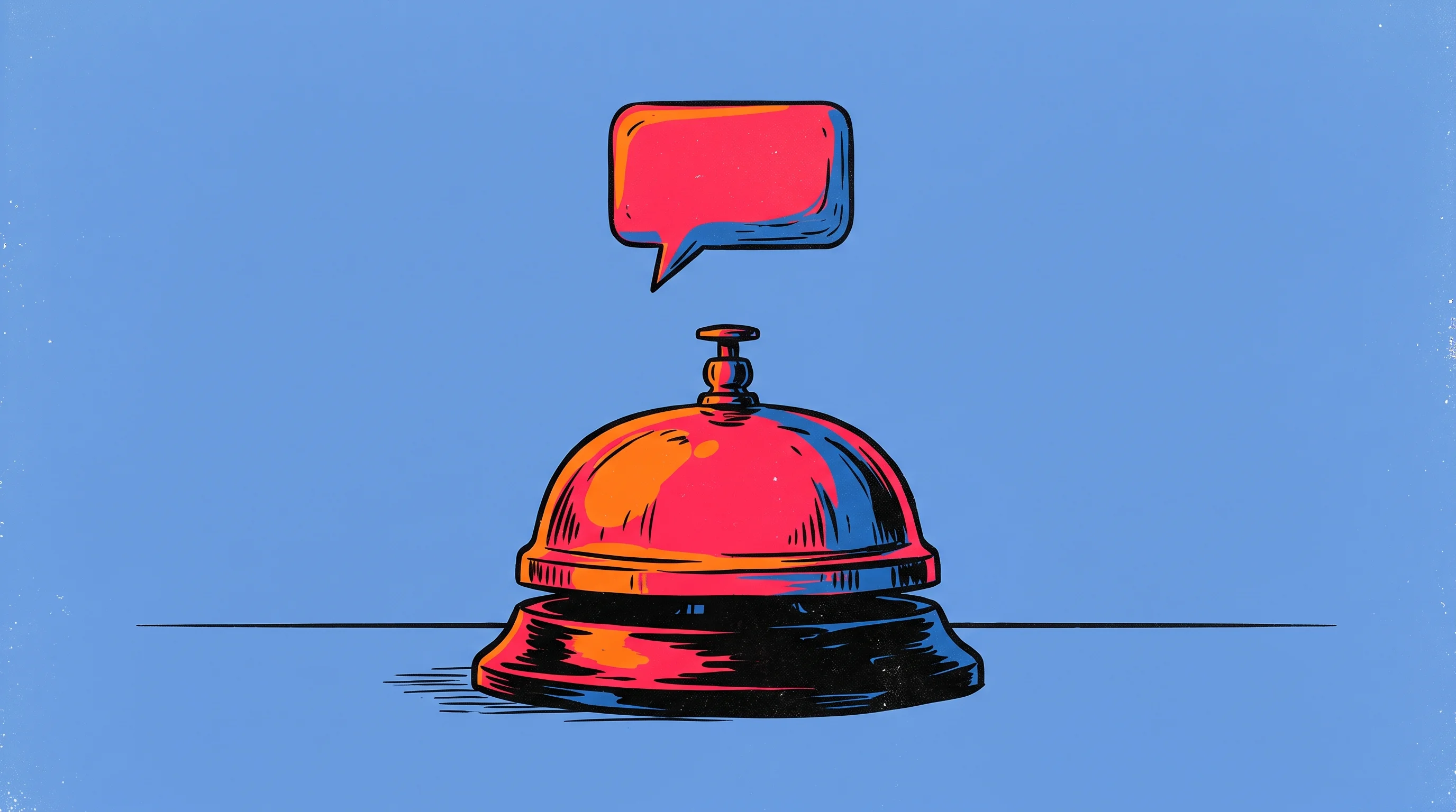 Digital illustration for article section "The Concierge Gold Rush That Never Quite Happened" in "Dunzo's Kabeer Biswas Raises $12M for AI Concierge Startup M" - A solitary, classic concierge desk bell resting on a minimalist surface with a single stylized chat ...