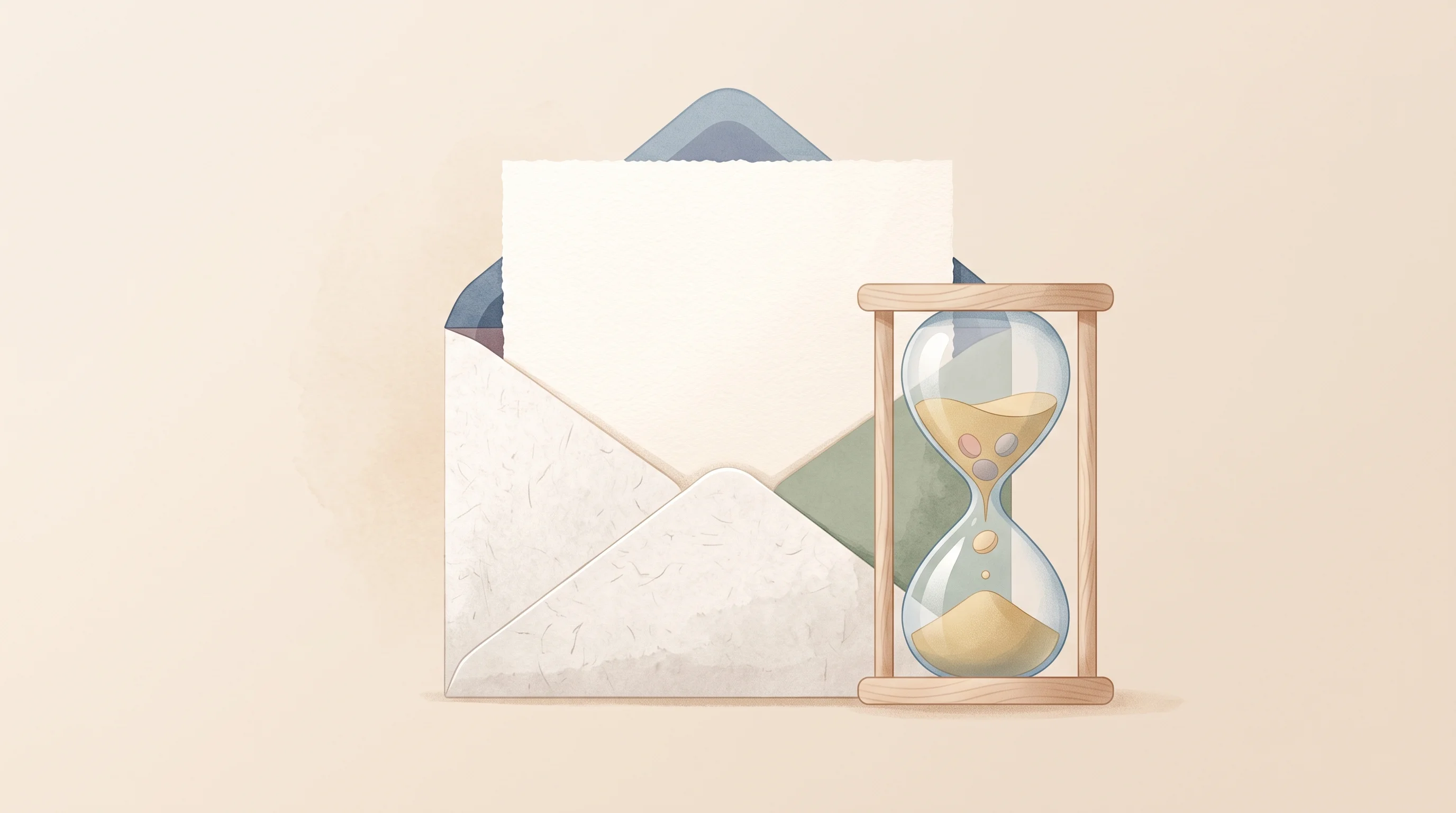 Digital illustration for article section "Early access, late questions" in "B.AI Launches Team Beta with Shared Credits for AI Collaboration" - A minimalist, conceptual illustration of a softly textured, partially opened envelope revealing a bl...