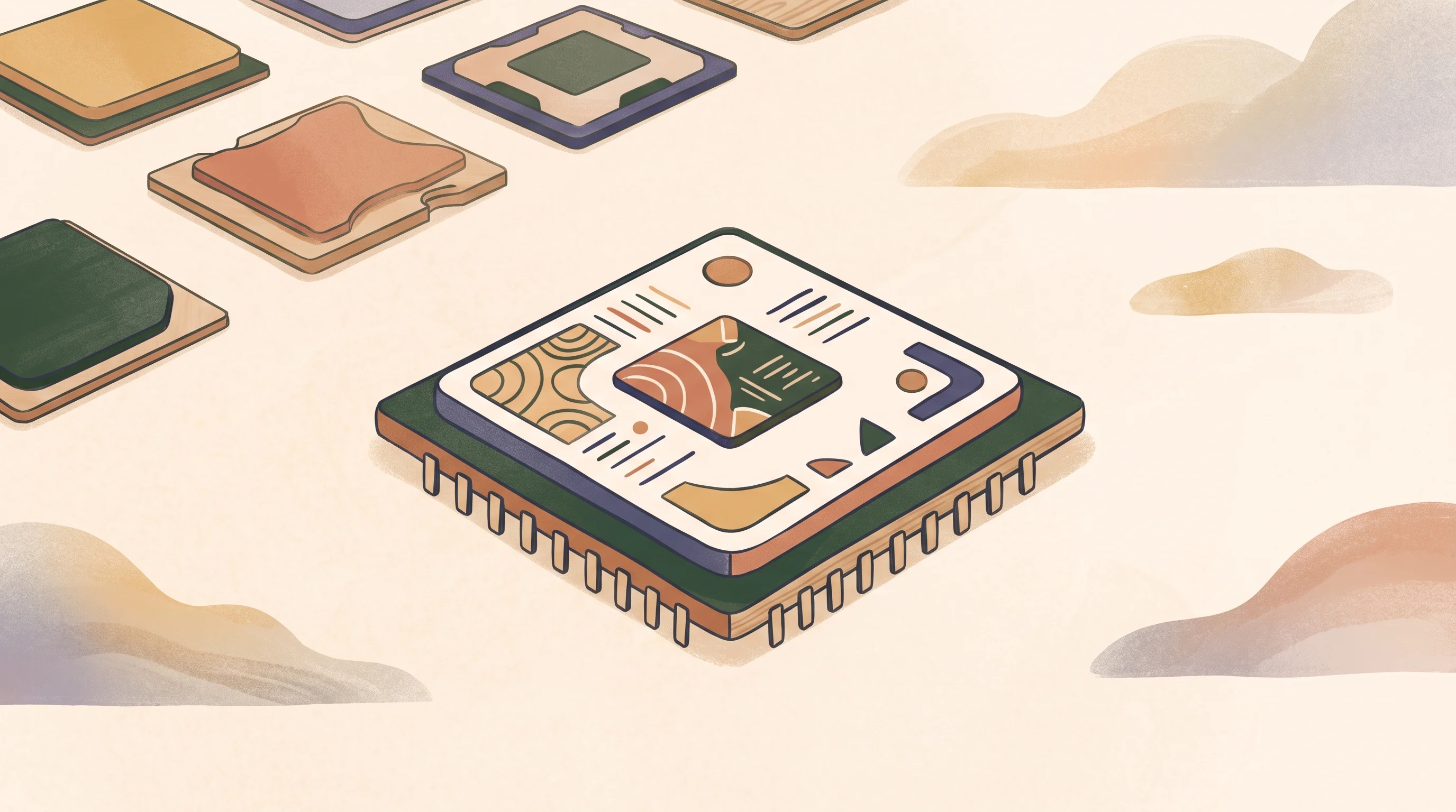 Digital illustration for article section "The Rush for Custom Silicon" in "Inside Baud Labs' Plan to Eliminate Multipliers from AI Training" - A conceptual, minimalist illustration representing the rush for custom silicon, featuring a single, ...