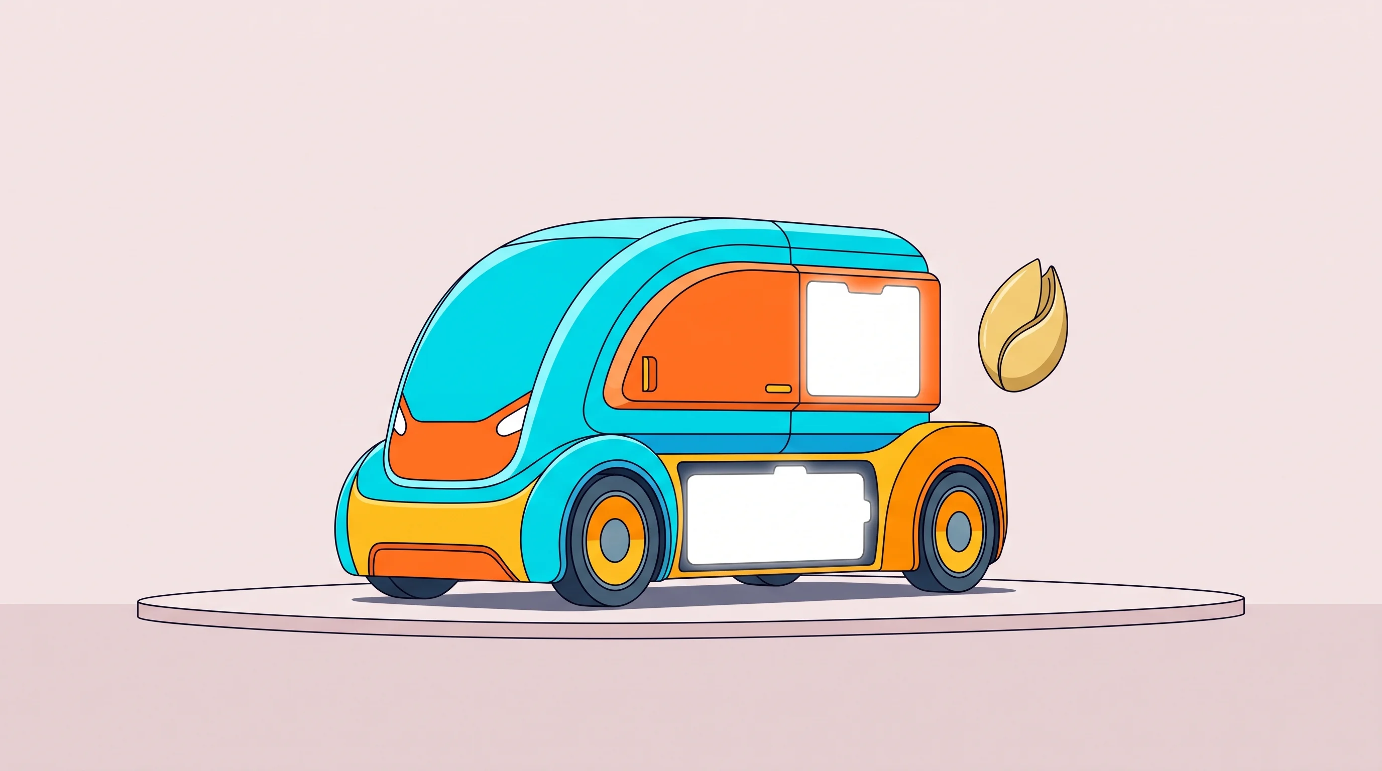 Digital illustration for article section "What's Missing" in "Humble's $24M Bet: Redesigning Freight Trucks for an Autonomous Era" - A clean, minimalist conceptual illustration of a futuristic, autonomous delivery vehicle resting on ...