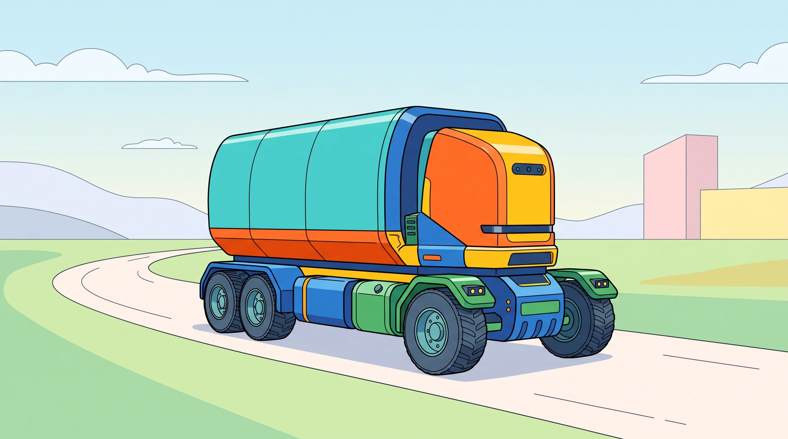Digital illustration for article section "Starting From Zero" in "Humble's $24M Bet: Redesigning Freight Trucks for an Autonomous Era" - A futuristic, unconventional autonomous freight vehicle that completely reimagines traditional truck...