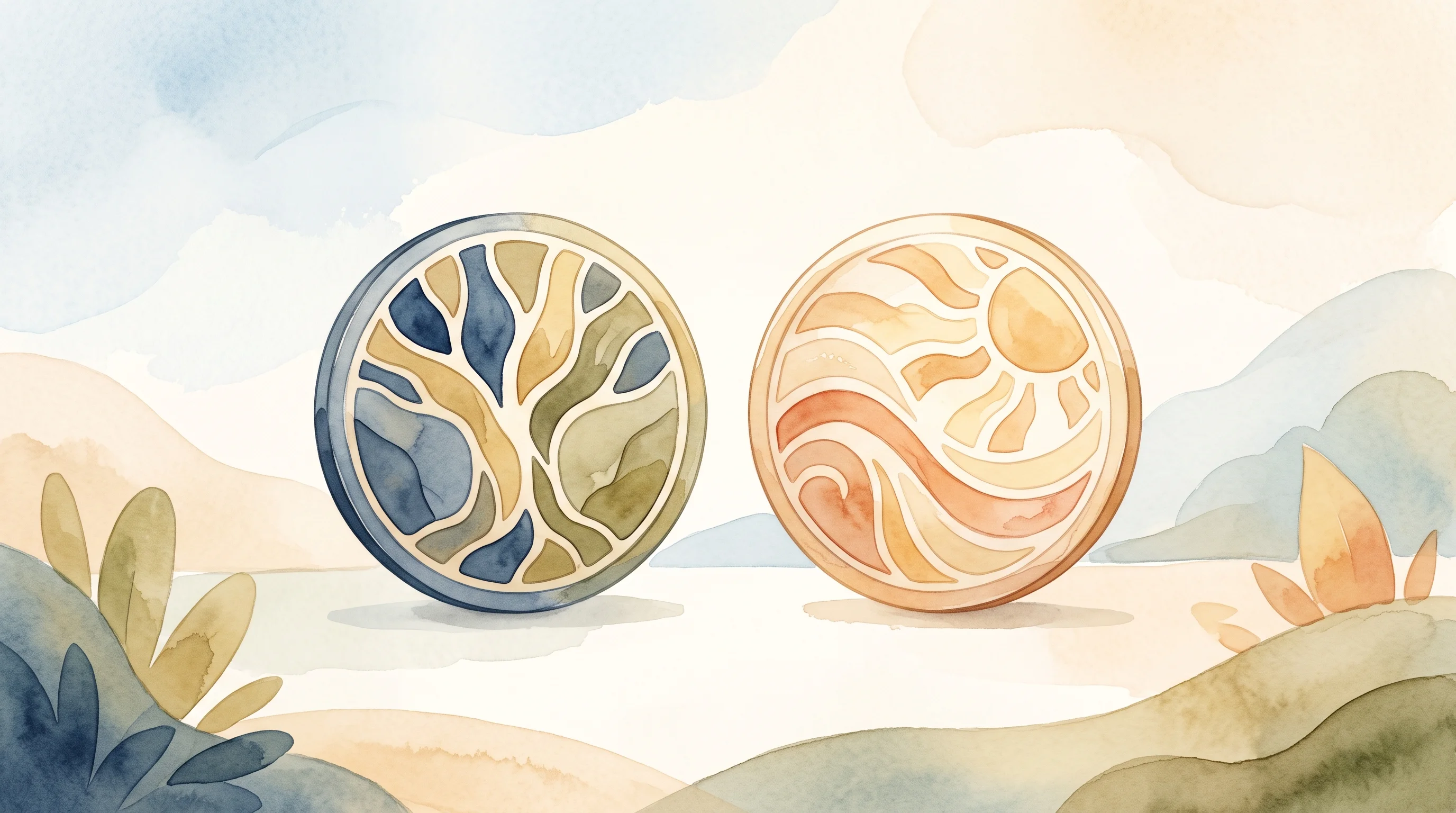 Digital illustration for article section "Two Tokens, One Ecosystem" in "Venice AI Hits $1B Valuation With Privacy-First AI on Base Blockchain" - A conceptual, minimalist illustration of two distinct circular tokens resting harmoniously within a ...