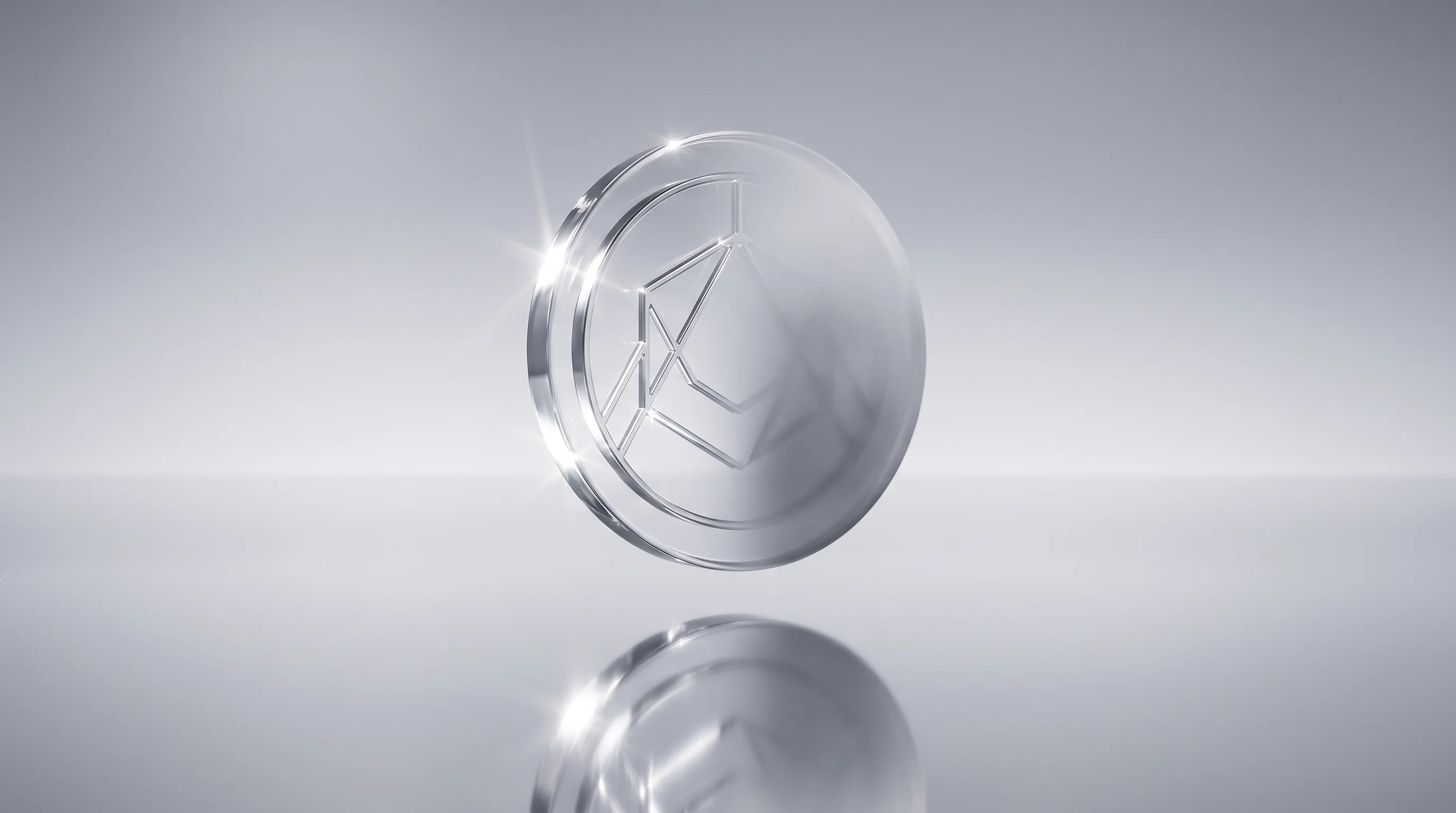 Digital illustration for article section "What Remains Unanswered" in "Theo Becomes First Crypto Platform to Integrate Fidelity's $20M Fund" - A single, elegant, partially transparent metallic token hovering above a flawless, highly reflective...