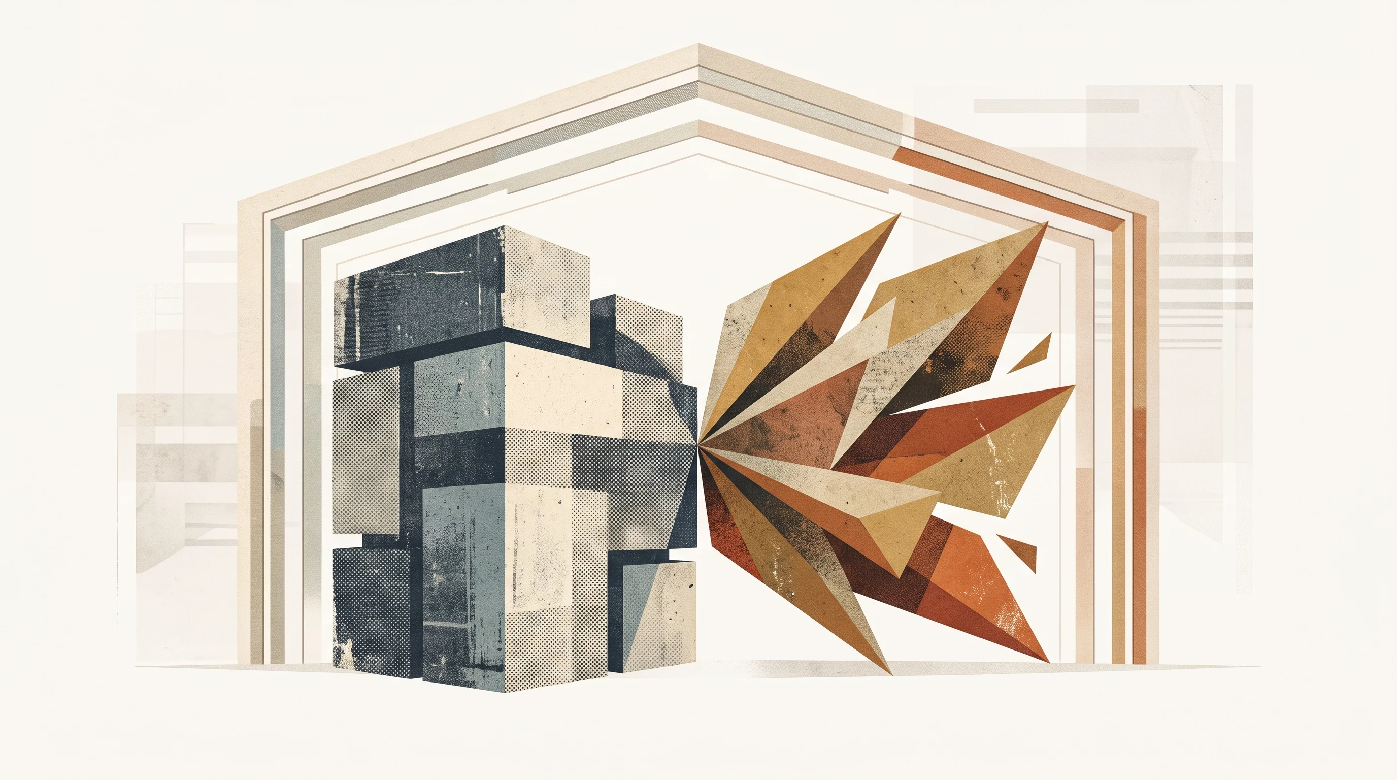 Digital illustration for article section "The Next 18 Months" in "AI Startups Challenge $7B Cat Modeling Giants After Record Losses" - A conceptual, minimalist composition representing market consolidation and colliding catalysts over ...