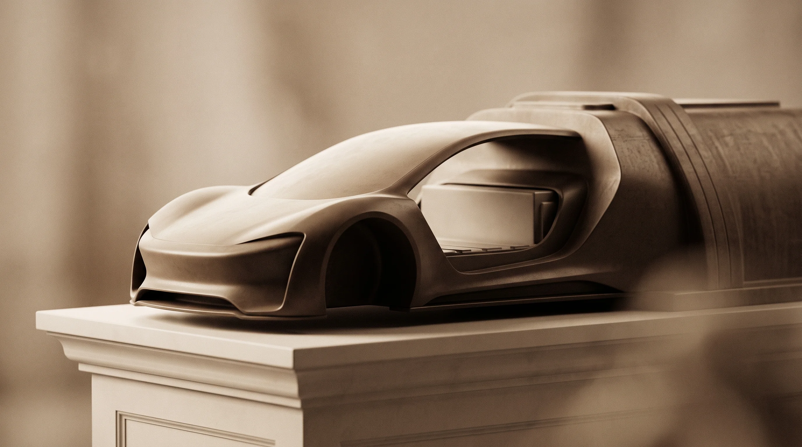 Digital illustration for article section "What the Money Will Buy" in "AmpliSi Raises £2M to Scale Silicon Battery Tech for EVs" - A minimalist, conceptual representation of a modern electric vehicle prototype and advanced battery ...