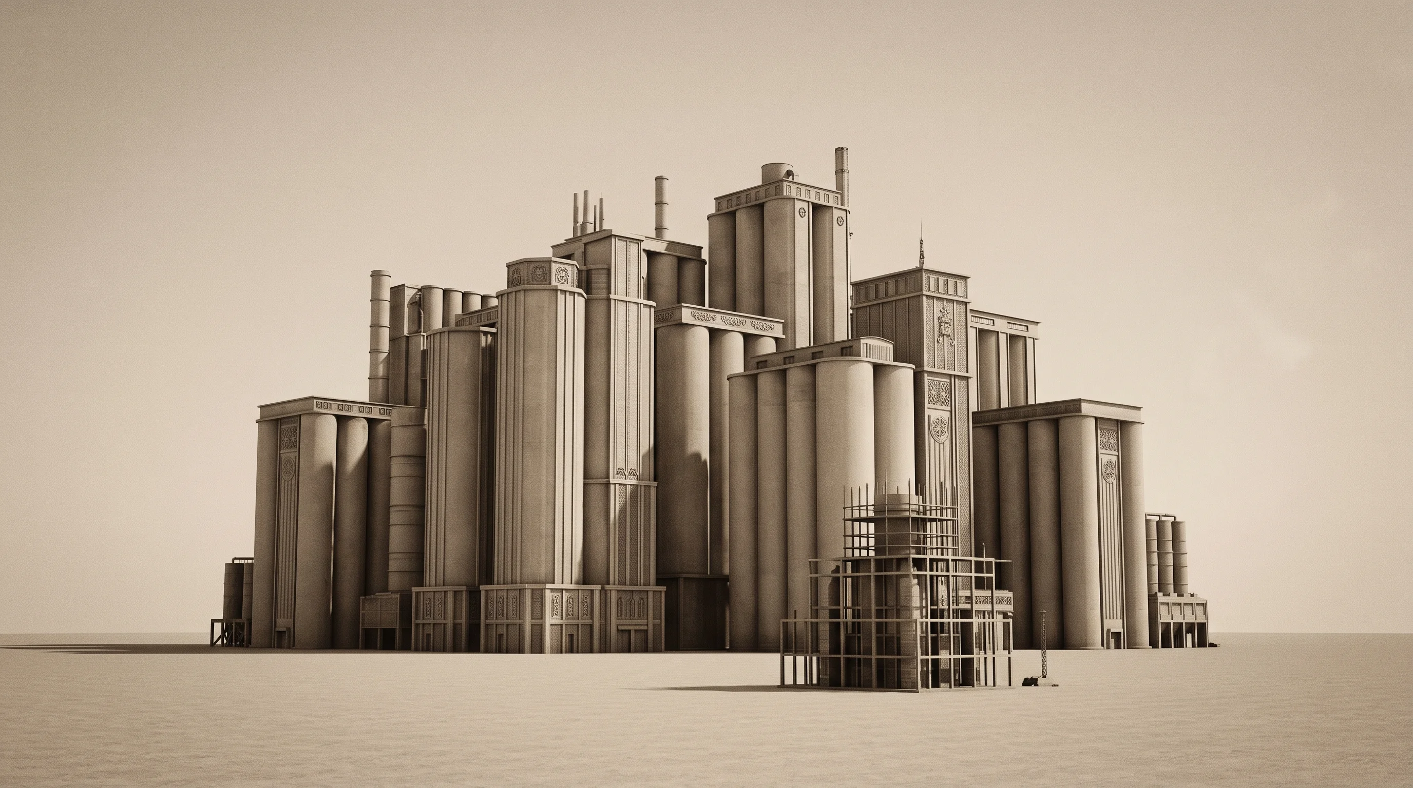 Digital illustration for article section "A Crowded, Unforgiving Field" in "AmpliSi Raises £2M to Scale Silicon Battery Tech for EVs" - A conceptual, minimalist architectural landscape symbolizing a crowded and unforgiving industrial ra...