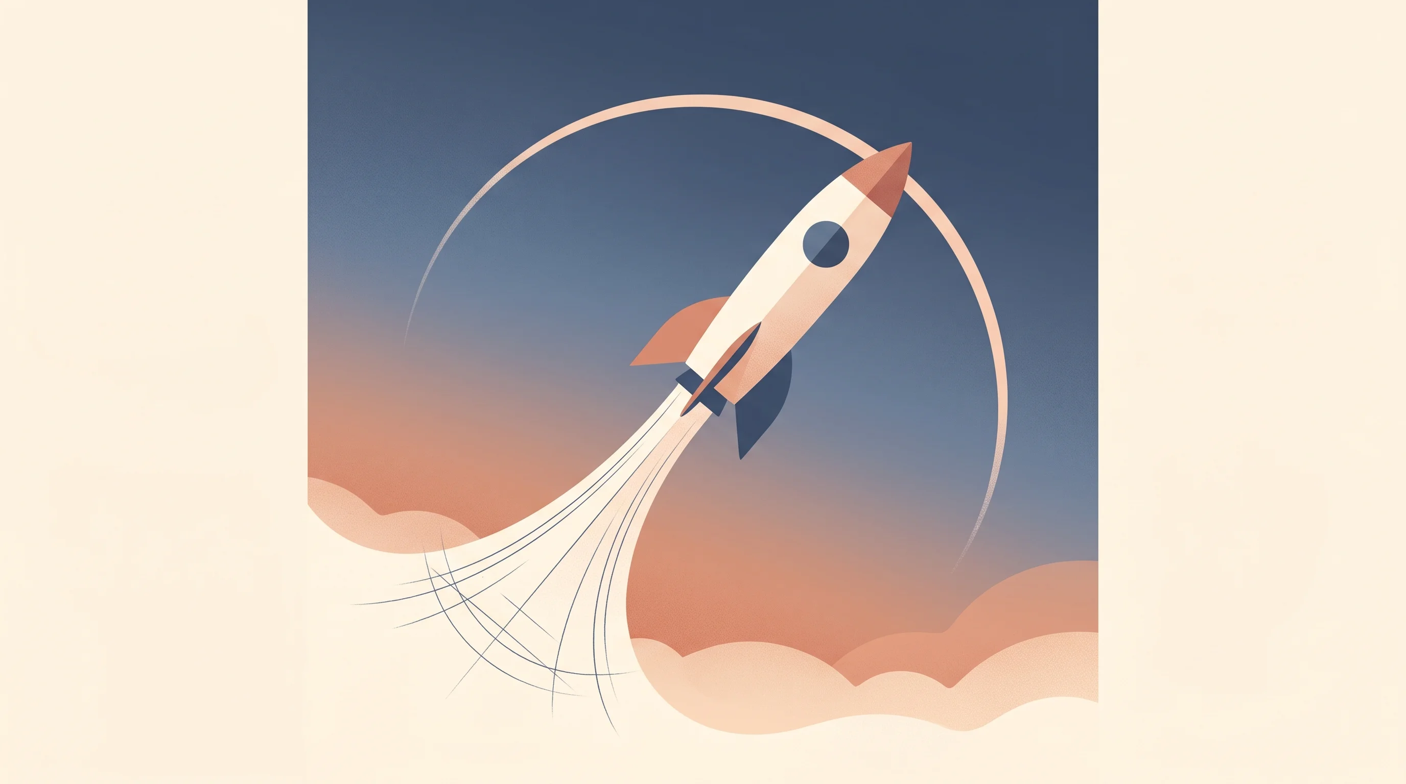 Digital illustration for article section "What Happens If It Works—Or Doesn't" in "India's First Private Orbital Rocket Set for Historic Launch" - A minimalist and clean illustration of a sleek rocket ascending toward a soft, curved orbital arc, s...